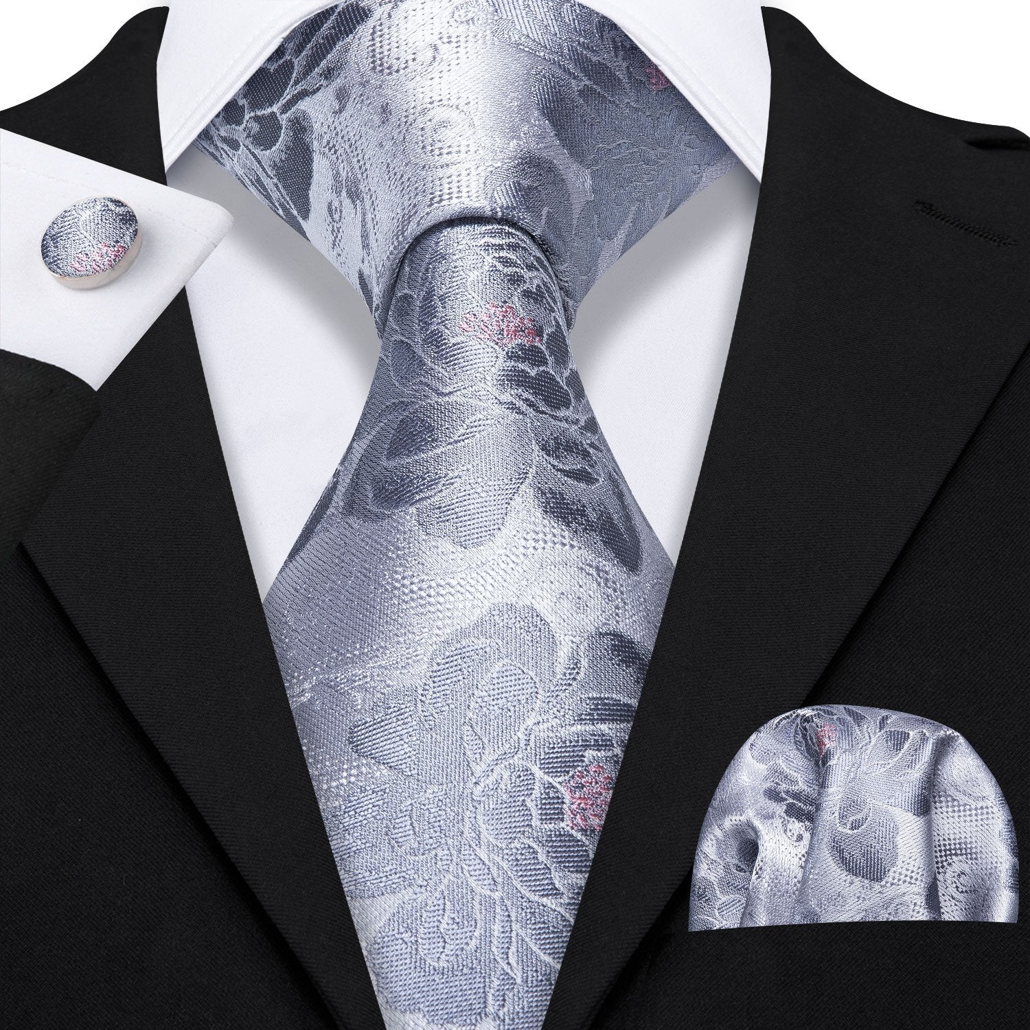 Luxury Silver Floral Necktie Alloy Lapel Pin Brooch Pocket Square Cufflinks Gift Box Set