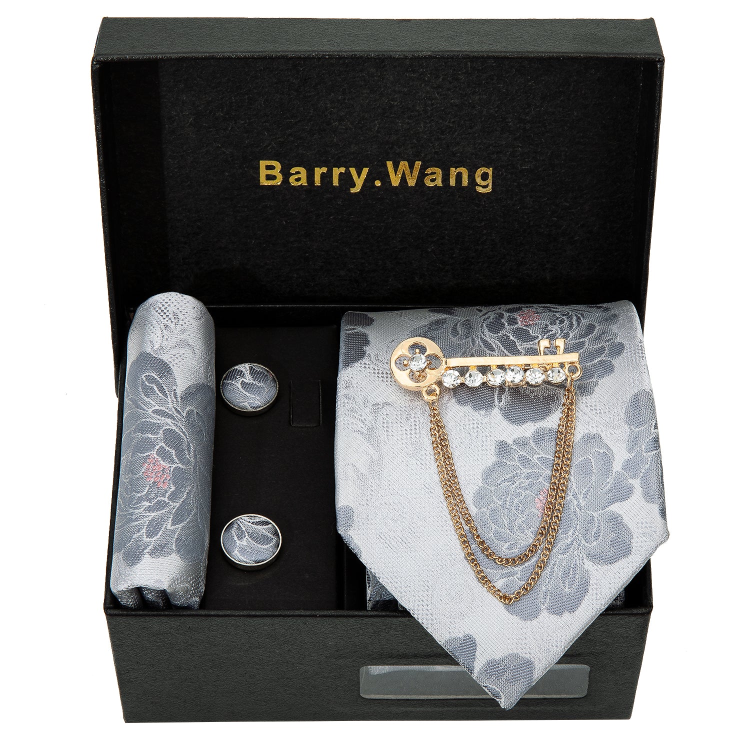 Luxury Silver Floral Necktie Alloy Lapel Pin Brooch Pocket Square Cufflinks Gift Box Set