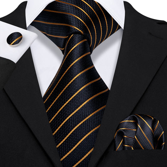 Barry. Wang Gold Stripe Black Necktie Alloy Lapel Pin Brooch Pocket Square Cufflinks Gift Box Set