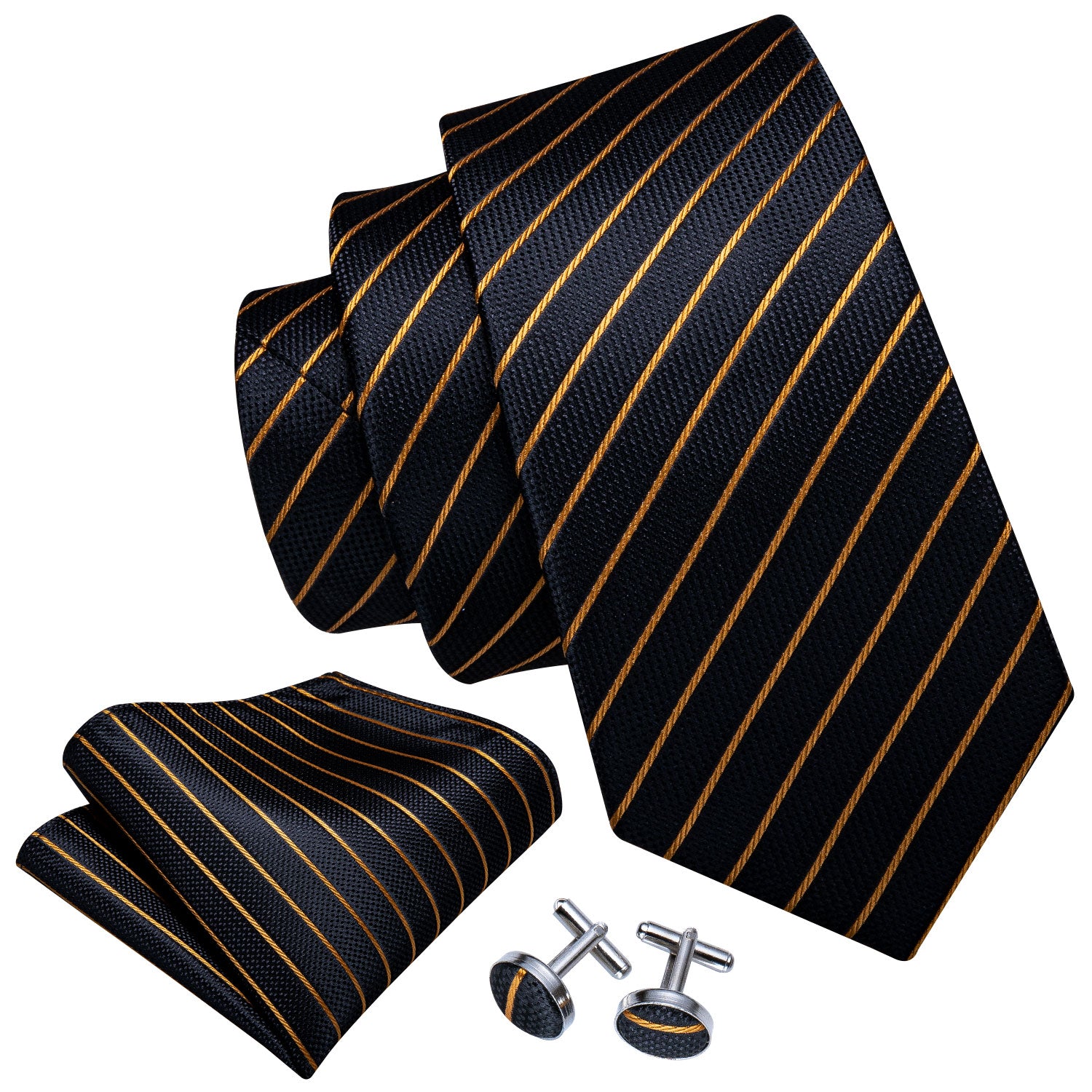 Gold Color Black Stripe Men's Tie Lapel Pin Brooch Silk Tie Hanky Cufflinks Set Wedding Business Party