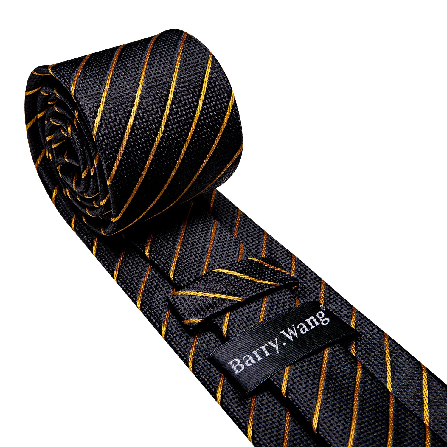 Barry.wang Black Tie Gold Stripe Men's Silk Tie Pocket Square Cufflinks Set with Brooches