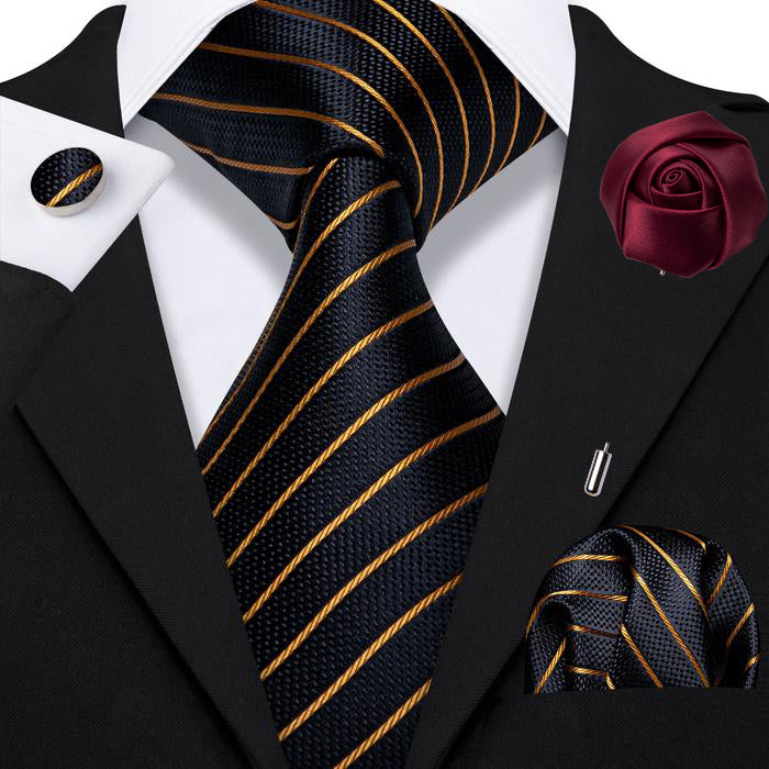 Gold Stripe Black Tie Pocket Square Cufflinks Set 8.5cm Fashion Designer Neckties with Brooches Easy Matching