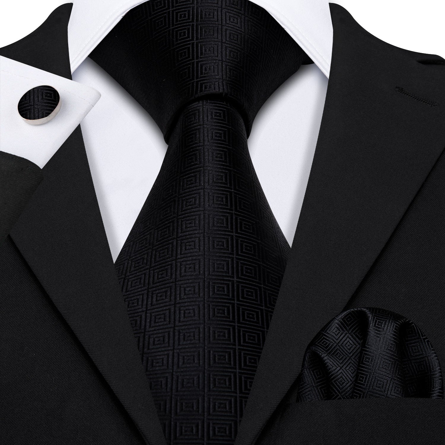 Black Novelty Silk Tie Pocket Square Cufflinks Set