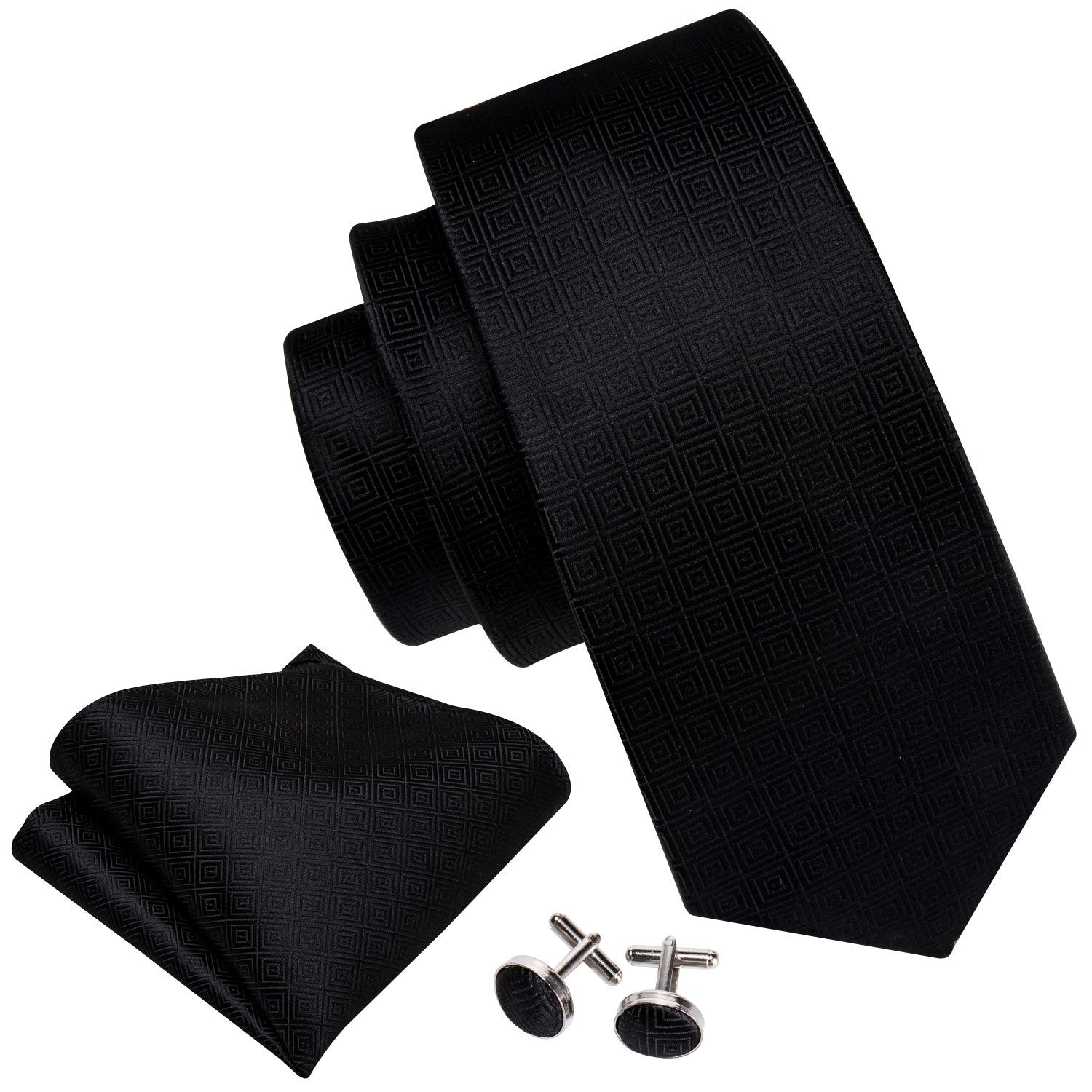 Black Novelty Necktie Alloy Lapel Pin Brooch Pocket Square Cufflinks Gift Box Set