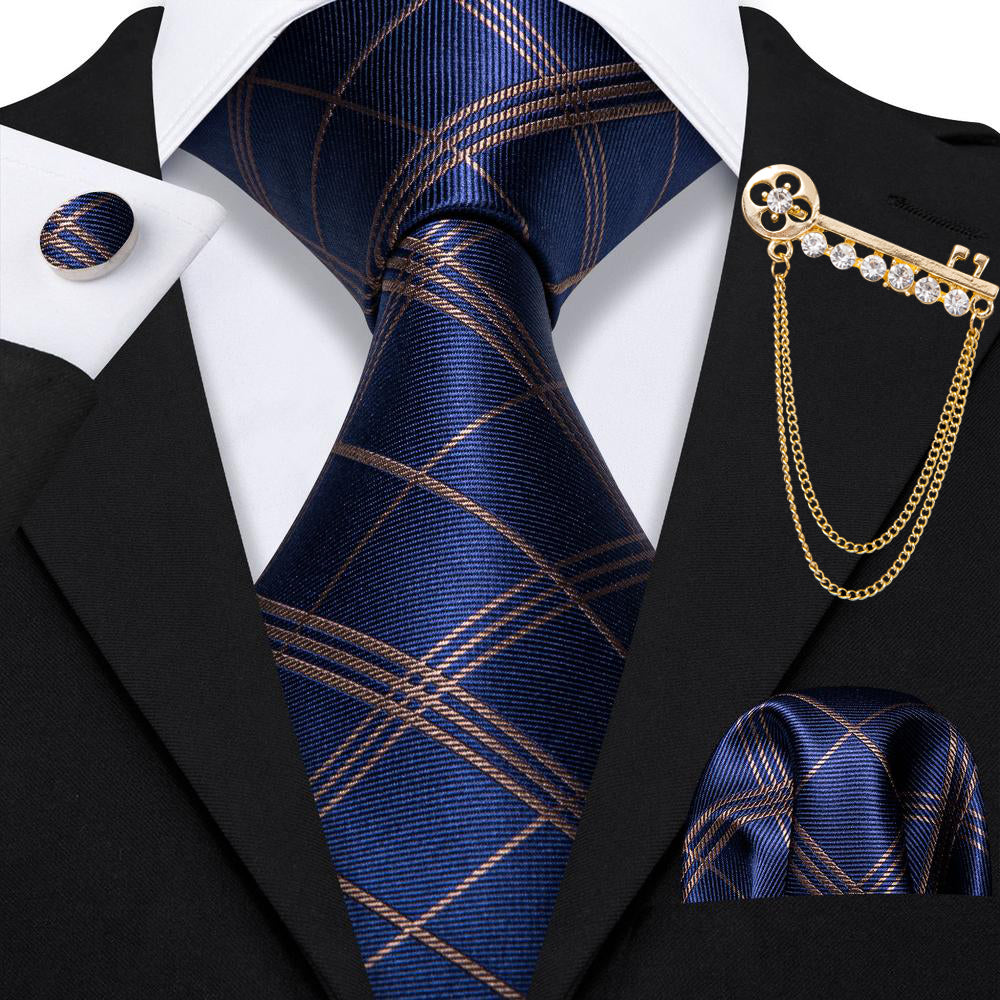 Black suit Navy blue necktie with brown lines and golden metal brooch