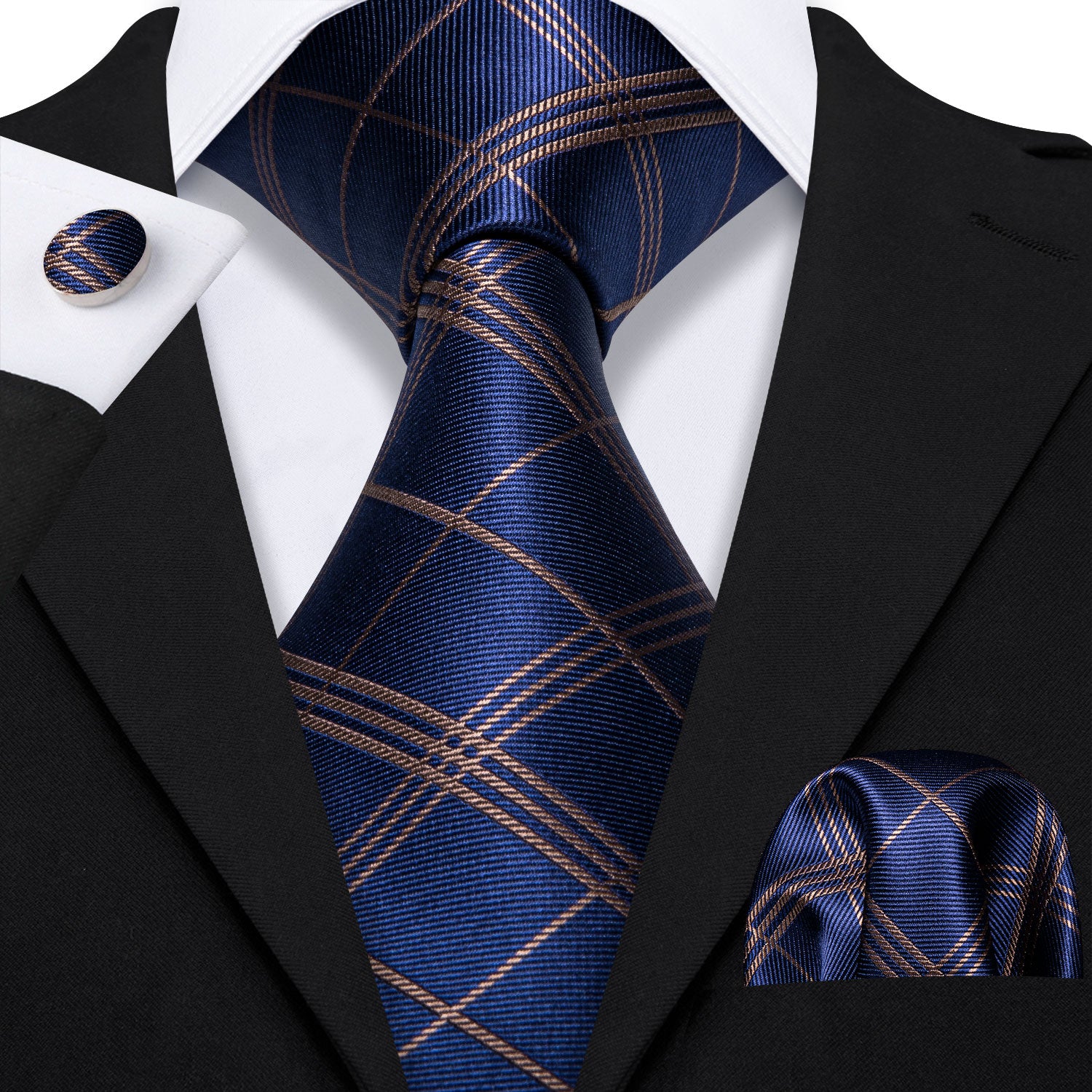 Black suit Navy blue necktie with brown lines and golden metal brooch