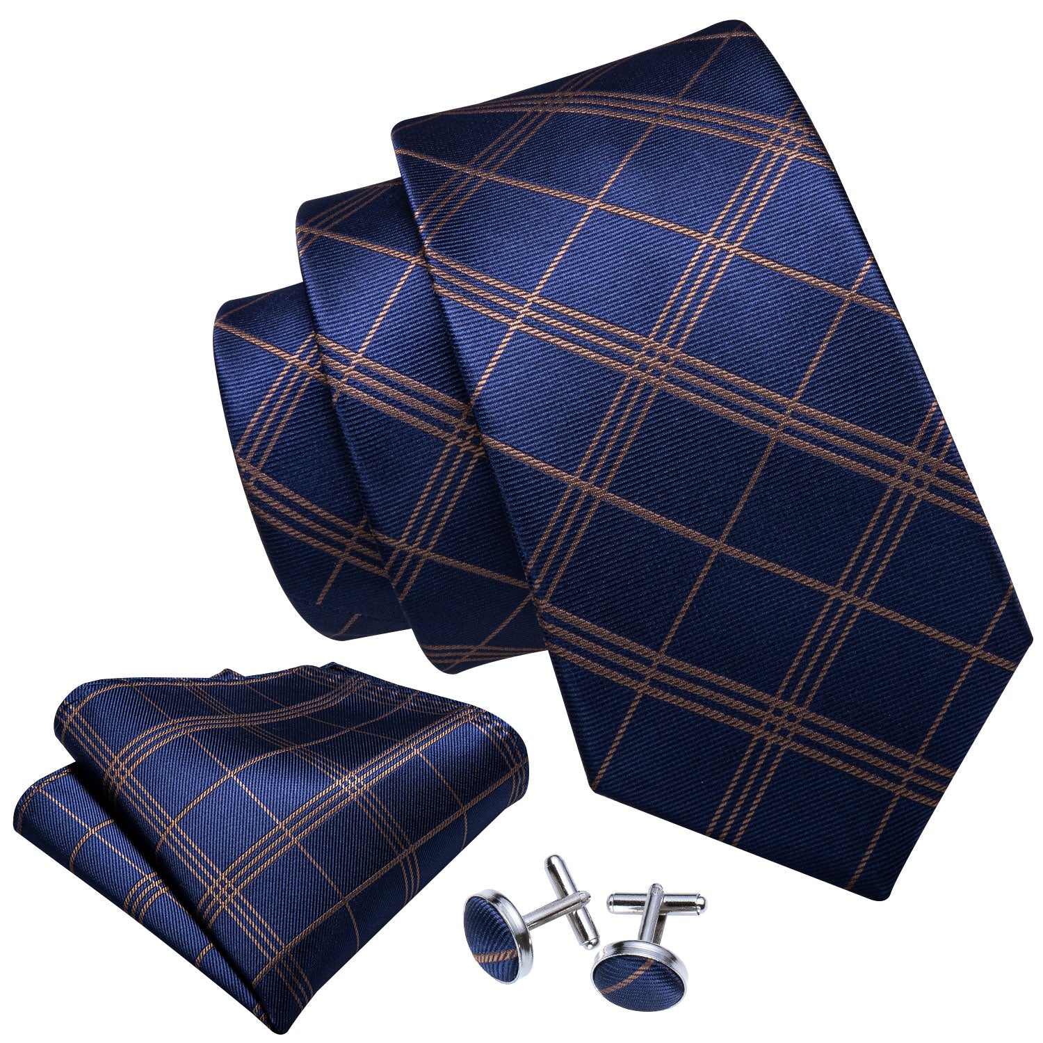 Deep Blue Gold Stripe Plaid Tie Pocket Square Cufflinks Set