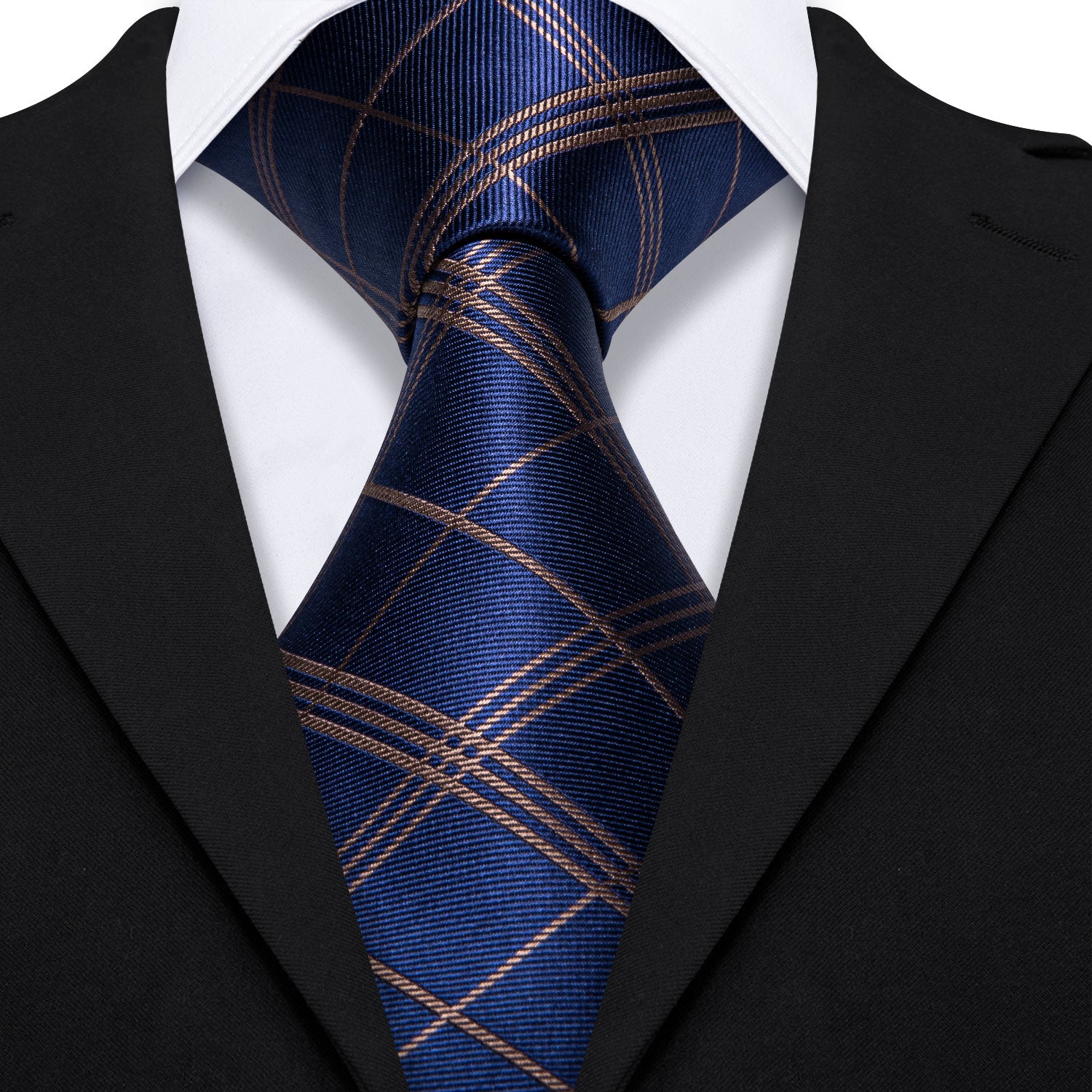  Deep Blue Gold Stripe Plaid Tie Pocket Square Cufflinks Set