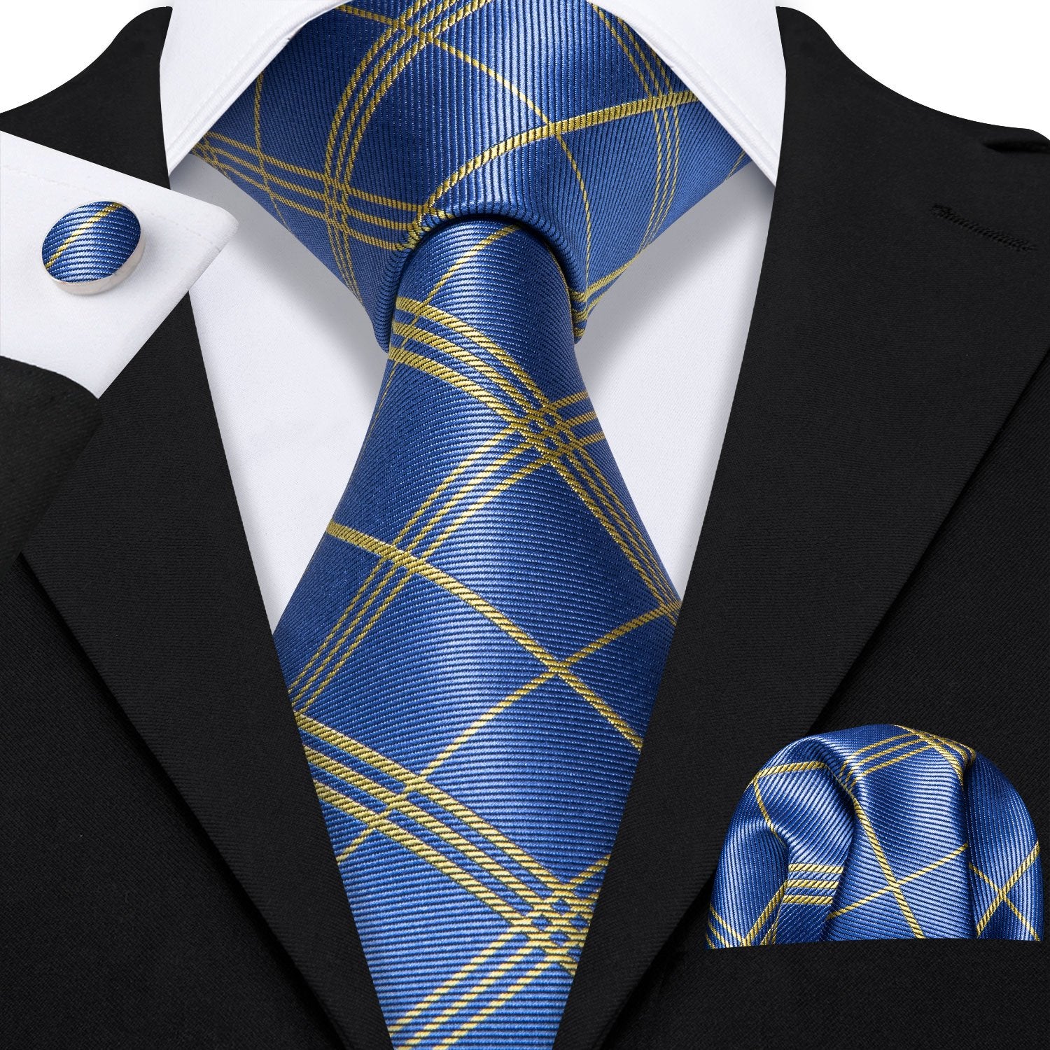 Blue Yellow Stripe Necktie Pocket Square Cufflink Clip Gift Box Set