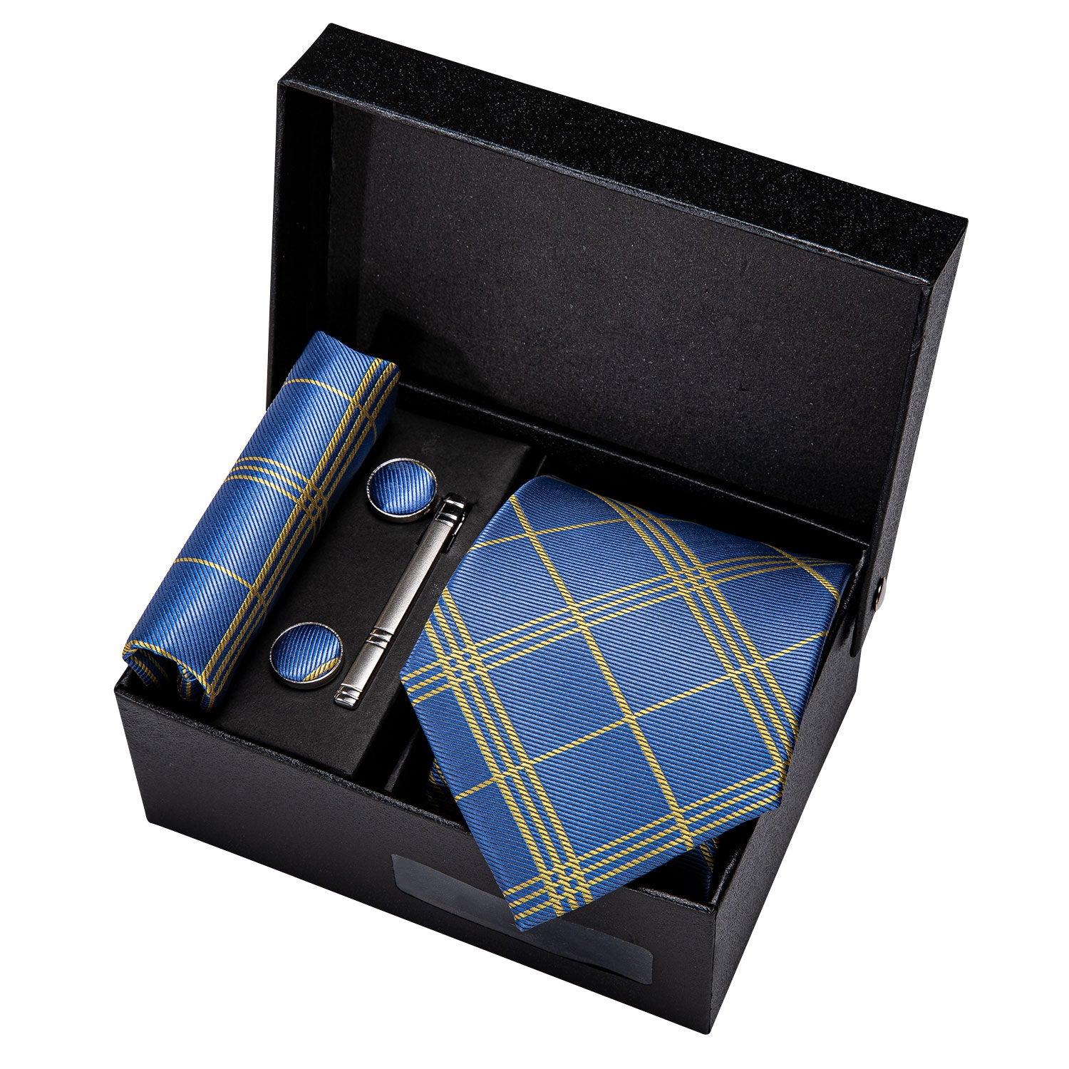 Blue Yellow Stripe Necktie Pocket Square Cufflink Clip Gift Box Set