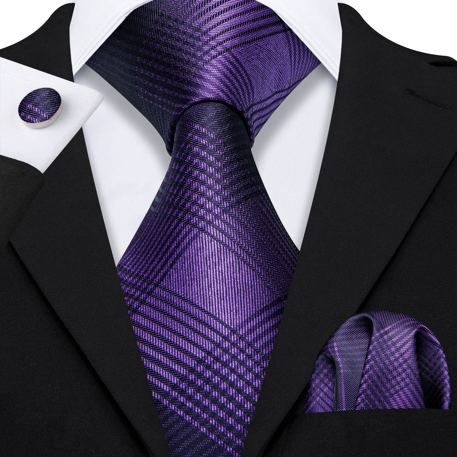 Deep Purple and Black Stripe Plaid Tie Pocket Square Cufflinks Set