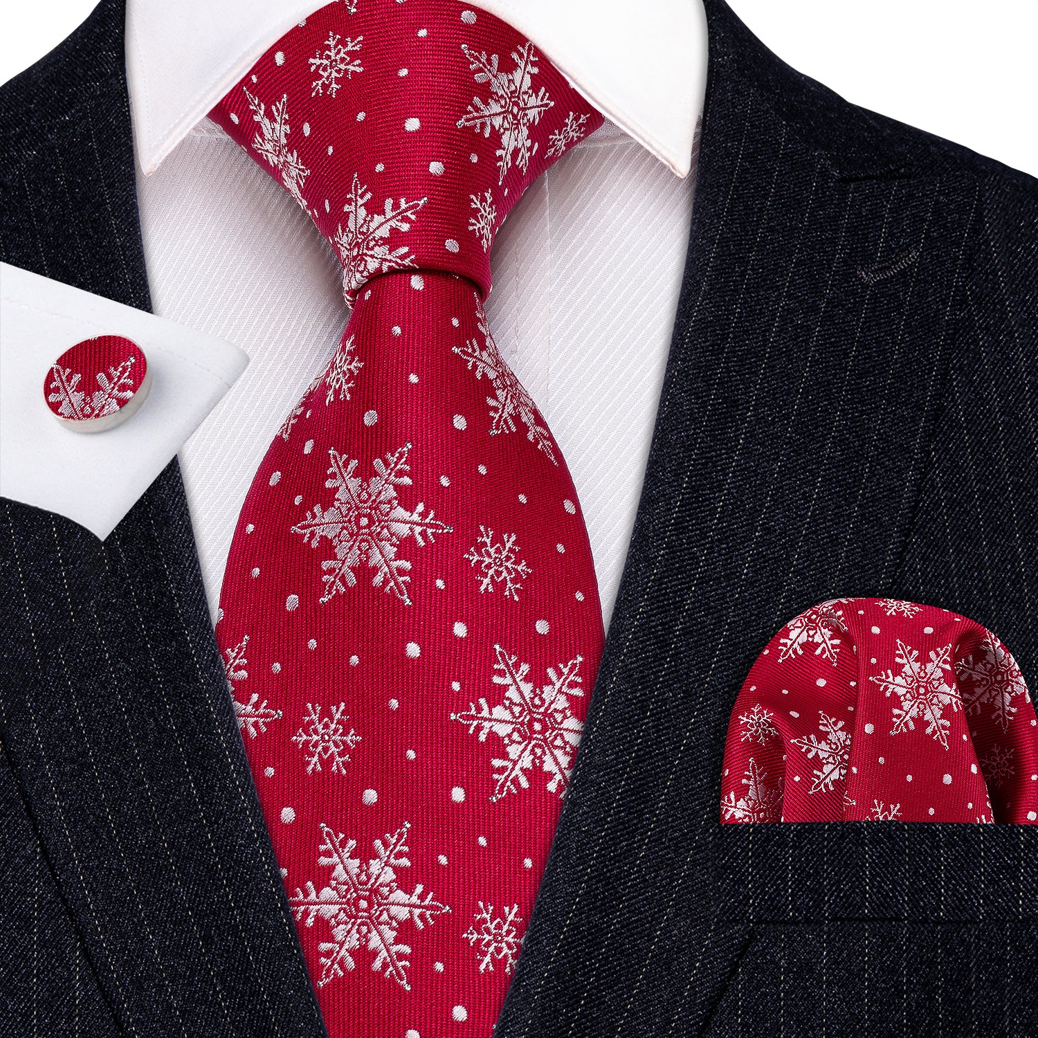 Red White Snowflake Silk Tie Pocket Square Cufflinks Set Gift Box Set Christmas