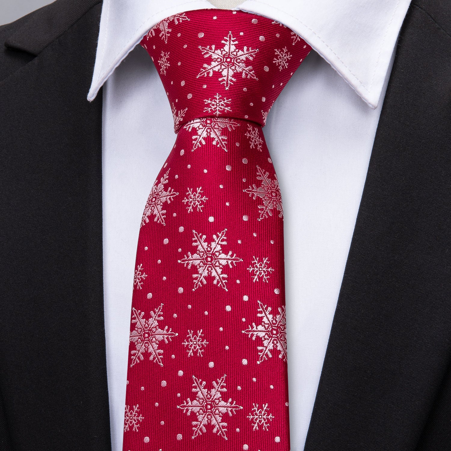 Barry.wang Christmas Tie Red White Snowflake Silk Men's Tie Pocket Square Cufflinks Set