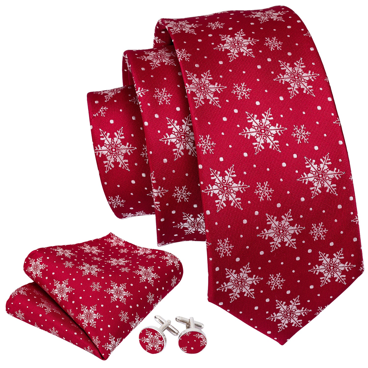 Red White Snowflake Silk Tie Pocket Square Cufflinks Set Gift Box Set Christmas