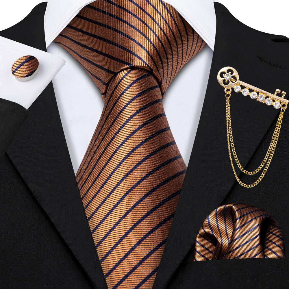 Brown Stripe Men's Tie Alloy Lapel Pin Brooch Silk Tie Hanky Cufflinks Set Wedding Business Party
