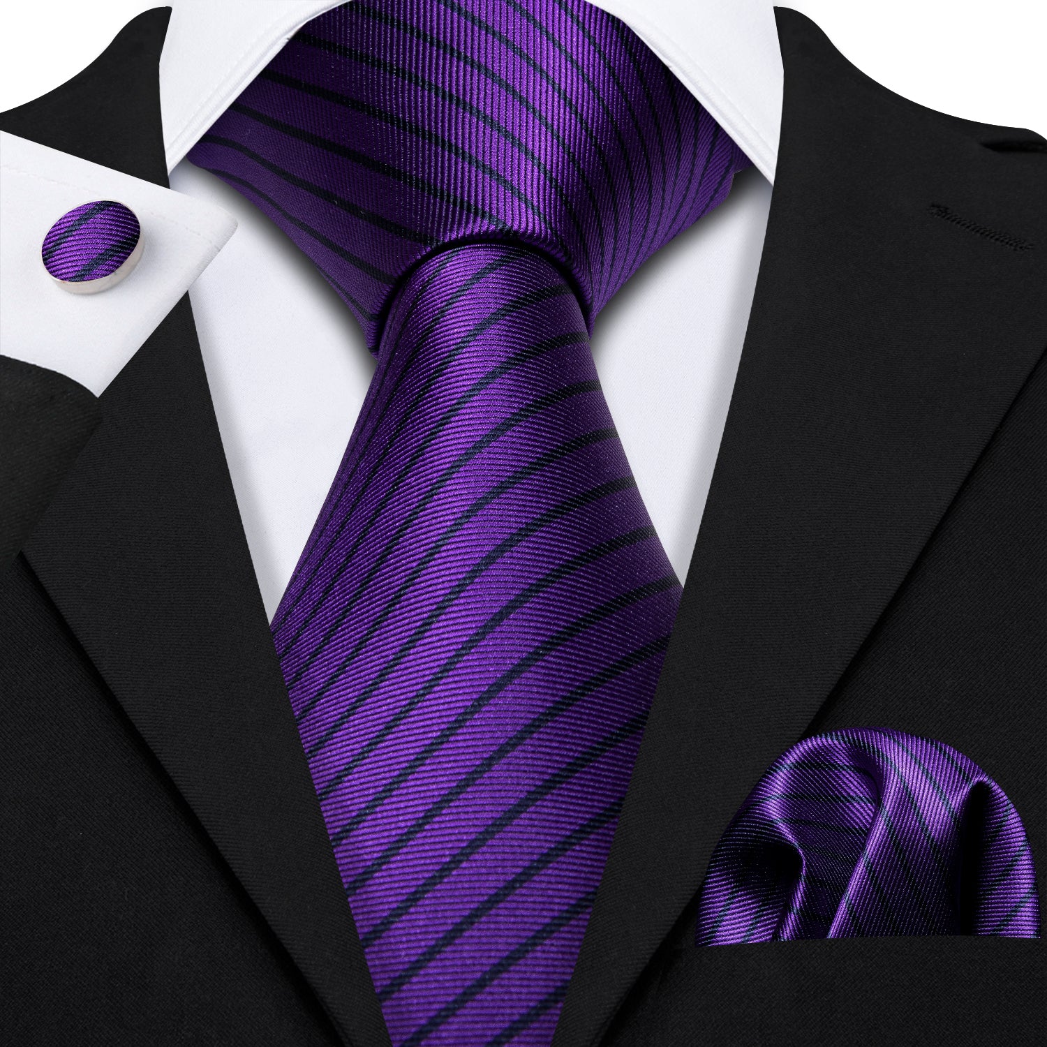 Purple and Black Stripe Tie Hanky Cufflinks Set