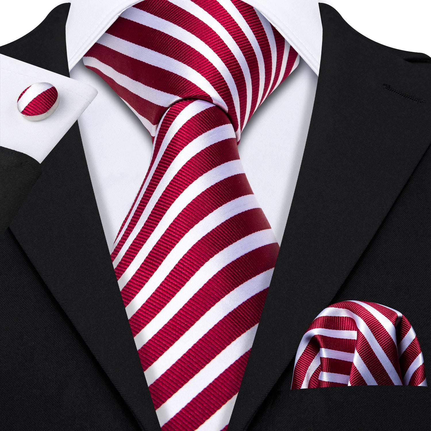 White and Red Stripe Tie Hanky Cufflinks Gift Box Set