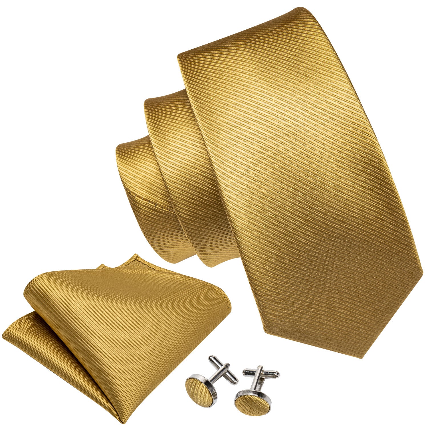 Barry.wang Gold Tie Striped Silk Men's Tie Pocket Square Cufflinks Set