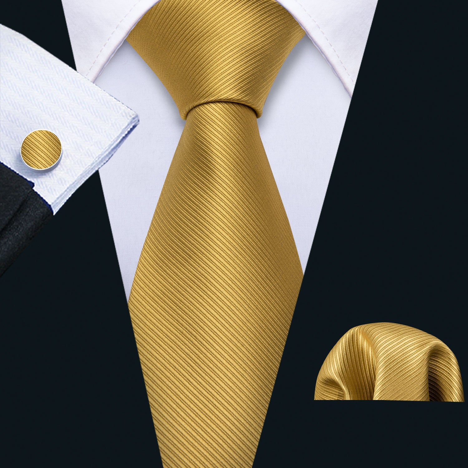 Gold Striped Silk Men's Tie Pocket Square Cufflinks Set
