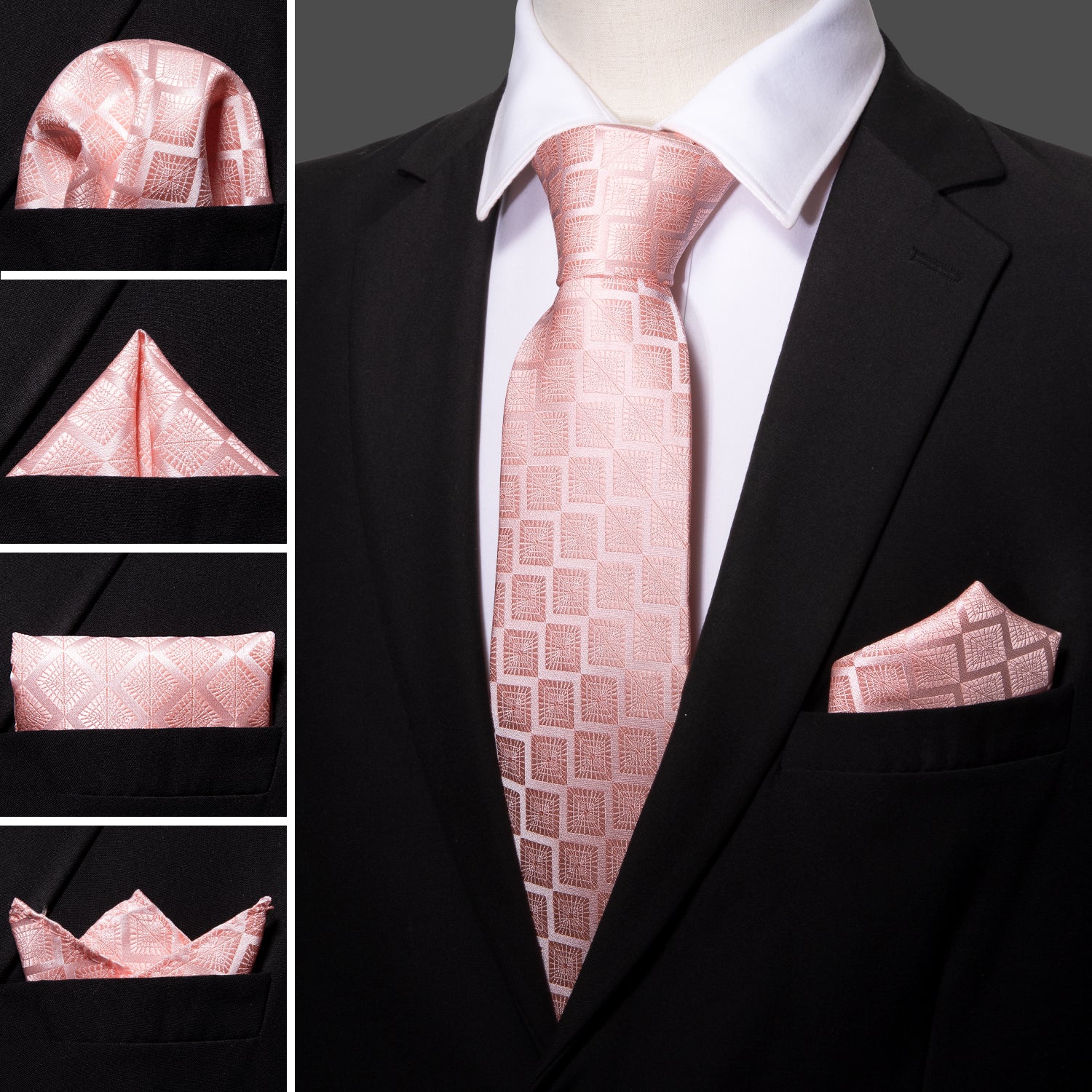 Solid Pink Plaid Tie Hanky Cufflinks Set