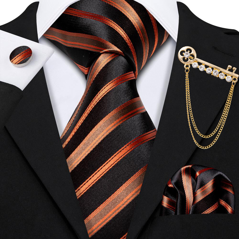 Black Tie Orange Brown Stripe Men's Tie Set with Lapel Pin