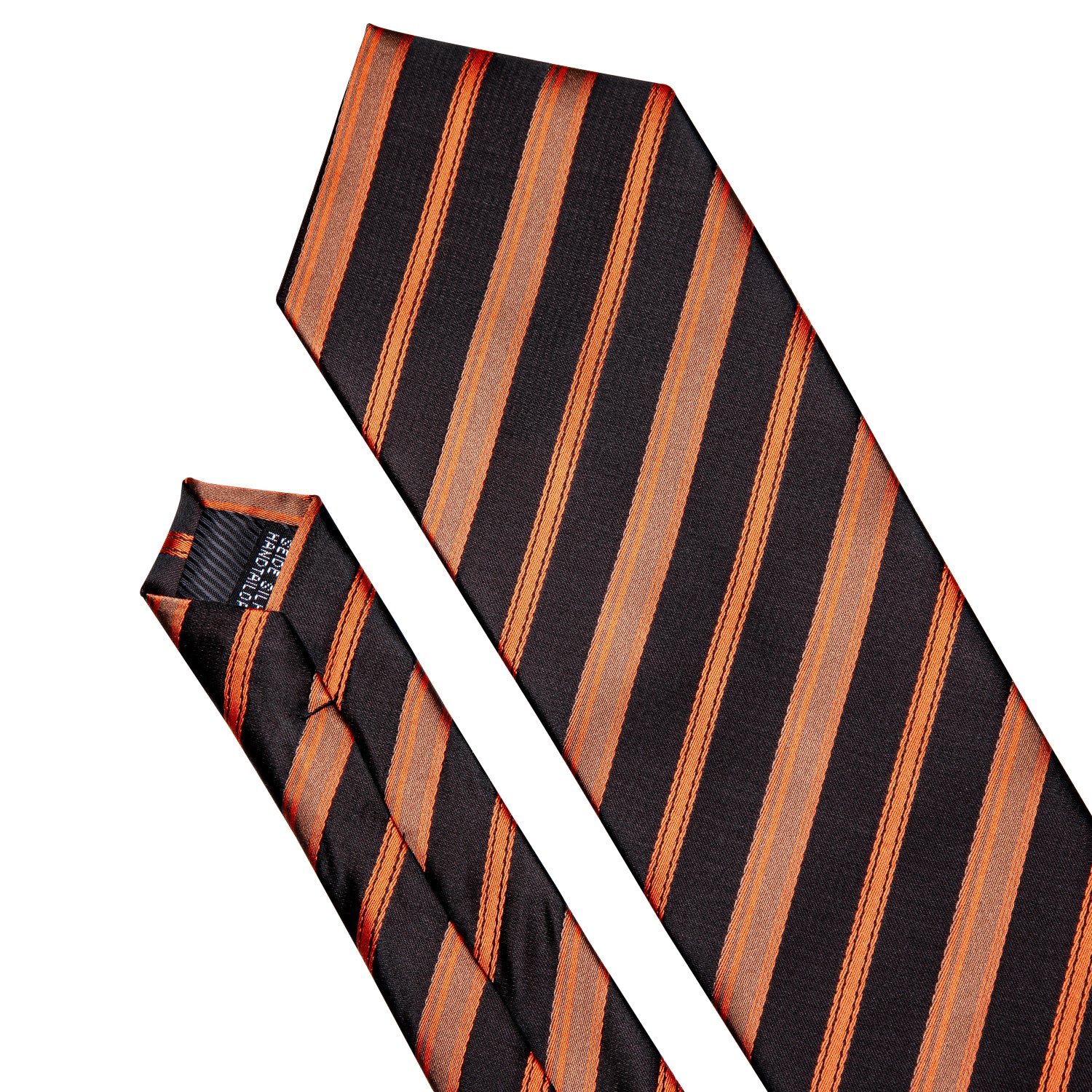 Barry.wang Black Tie Orange Brown Stripe Men's Tie Set with Lapel Pin Brooch