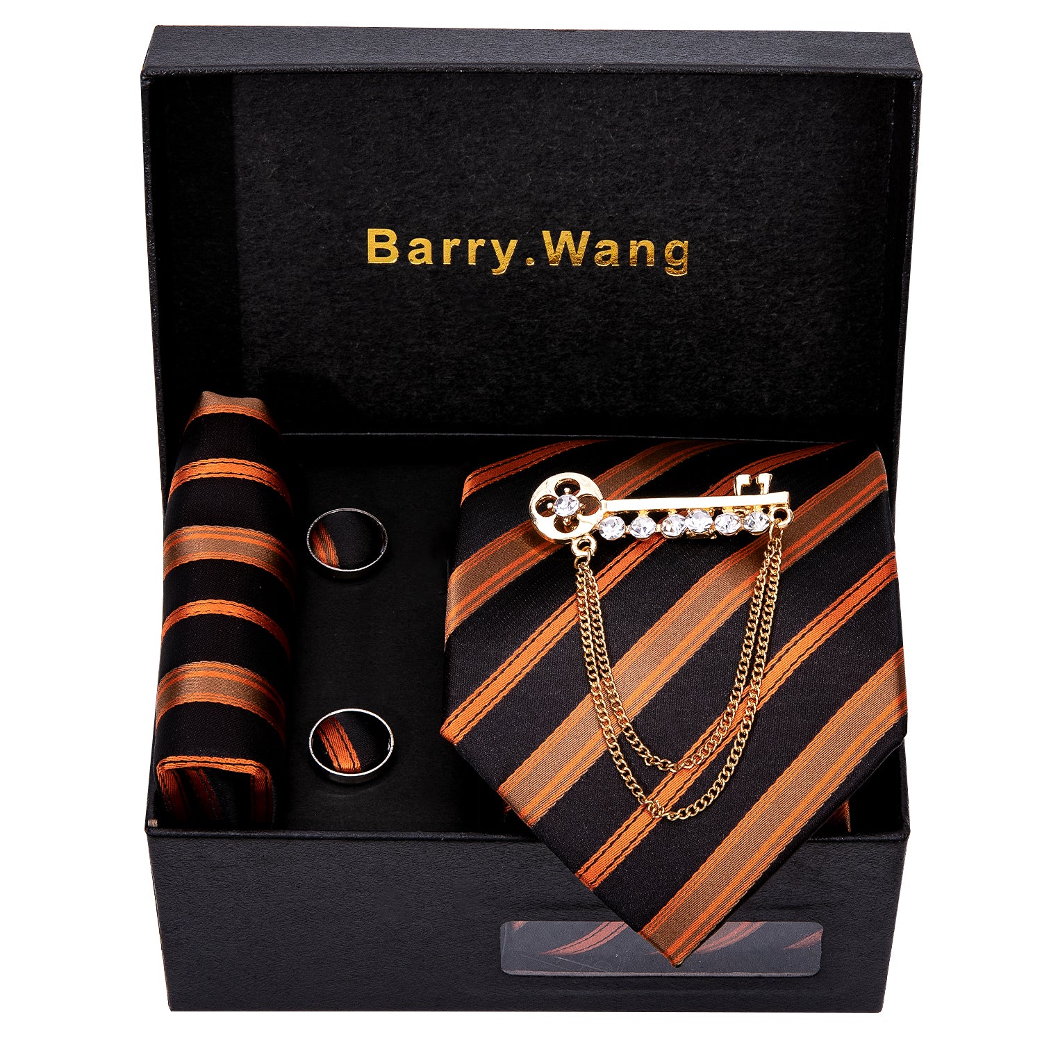 Orange Black Striped Necktie Alloy Lapel Pin Brooch Pocket Square Cufflinks Gift Box Set