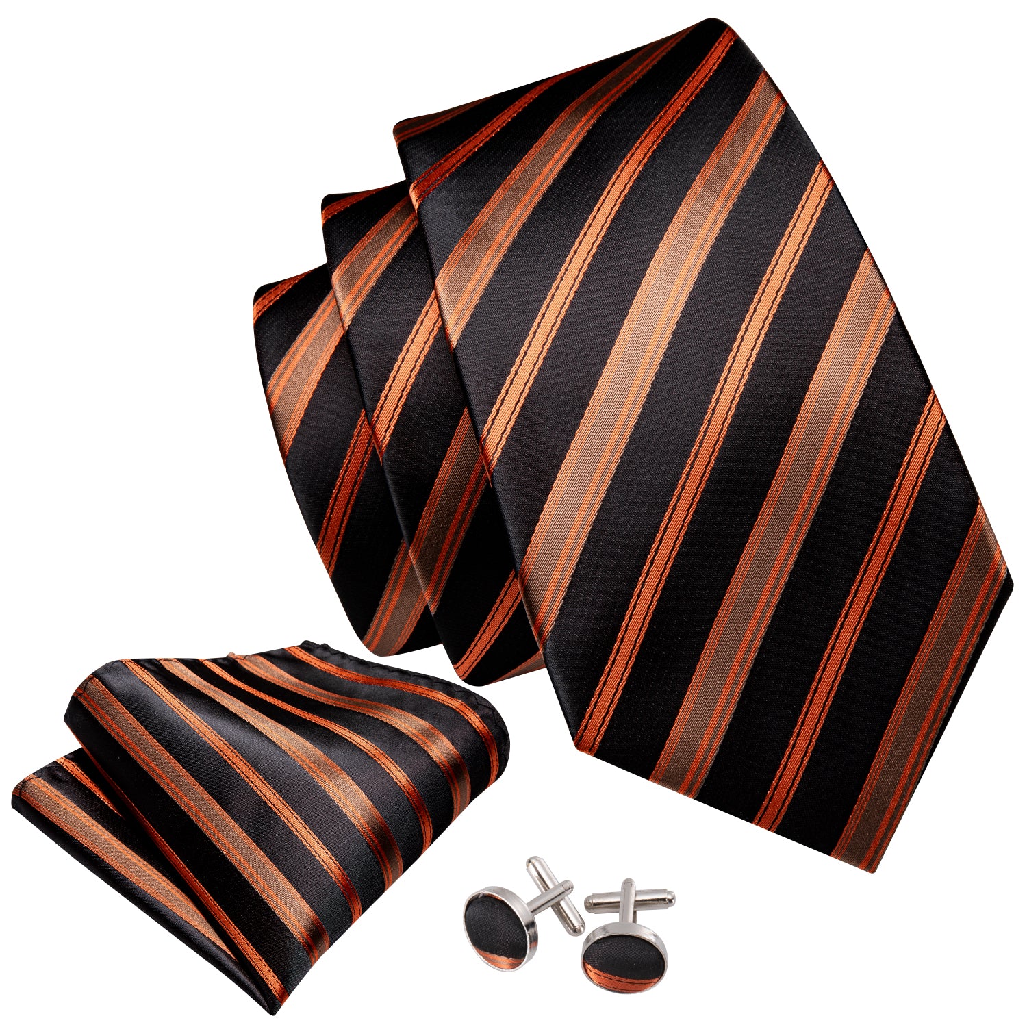 Barry.wang Black Tie Orange Brown Stripe Men's Tie Set with Lapel Pin Brooch