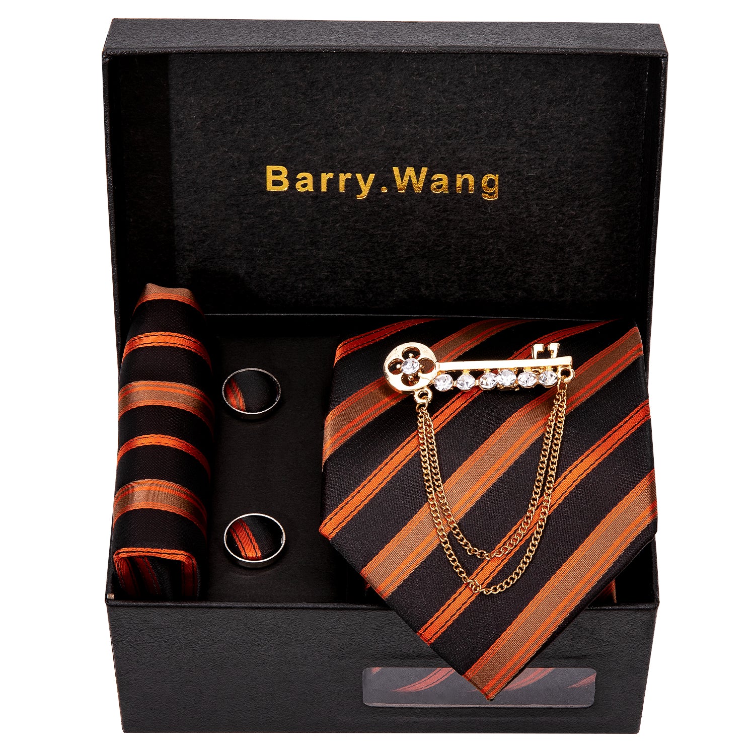 Orange Black Striped Necktie Alloy Lapel Pin Brooch Pocket Square Cufflinks Gift Box Set