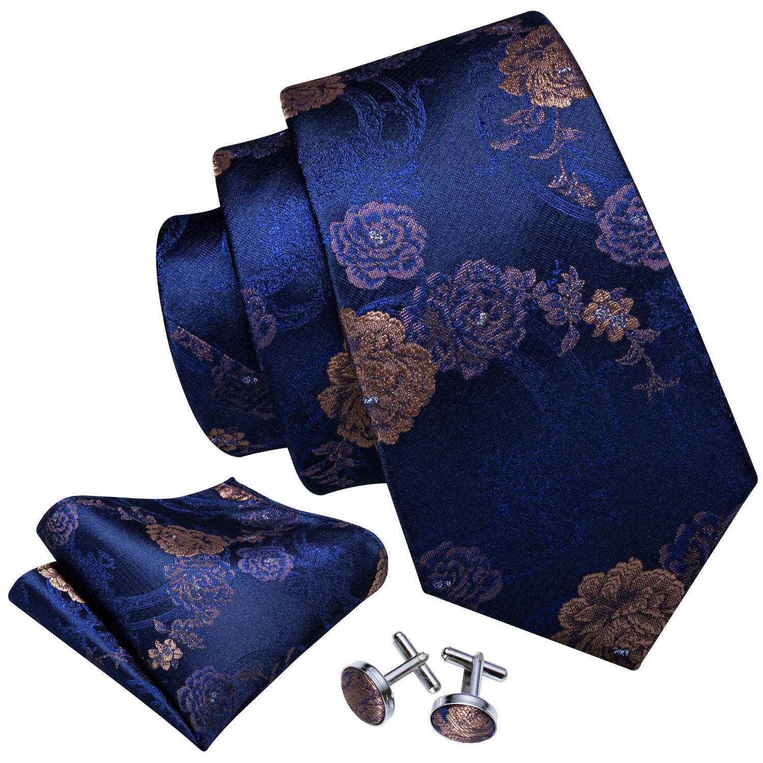 Deep Blue Tie Gold Floral Tie Pocket Square Cufflinks Set