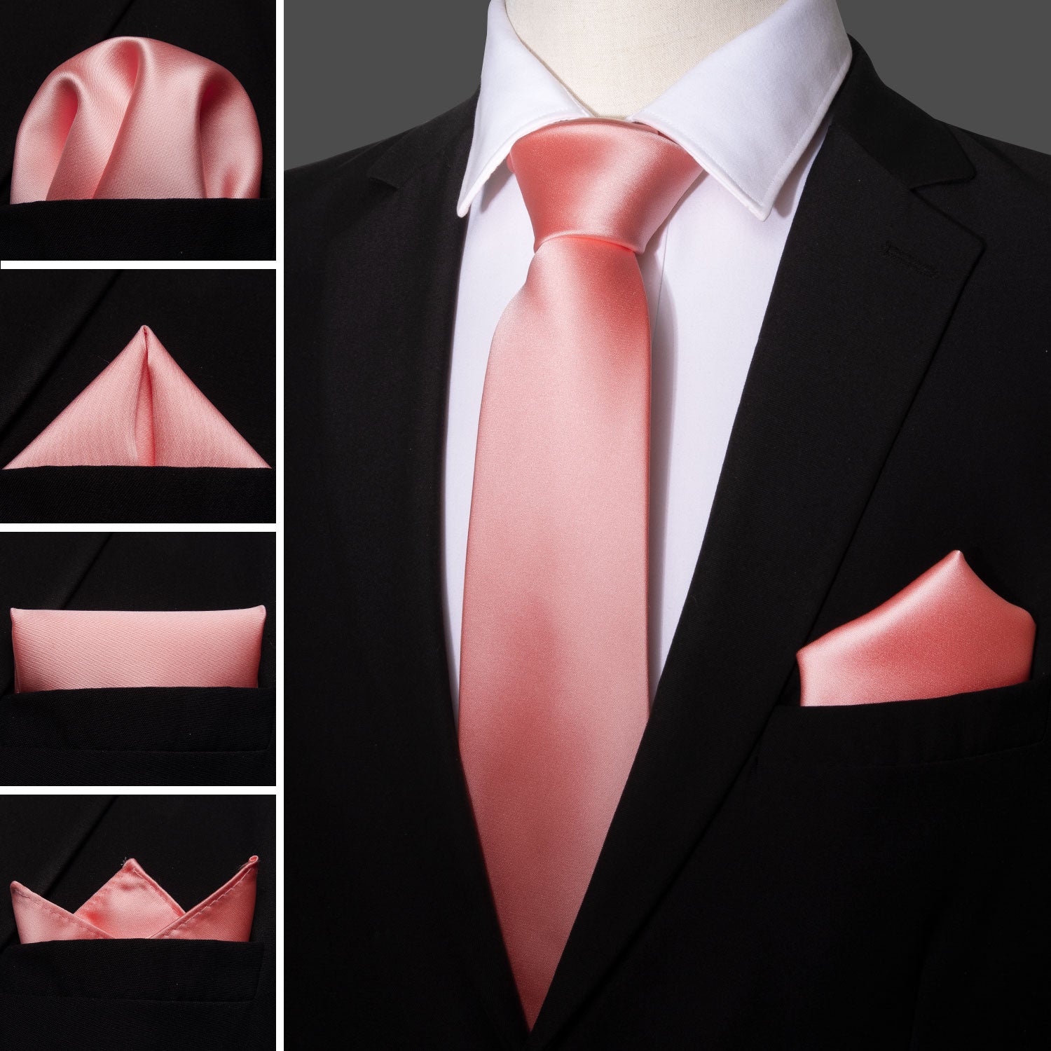 Coral Pink Necktie Solid Tie Pocket Square Cufflinks Set