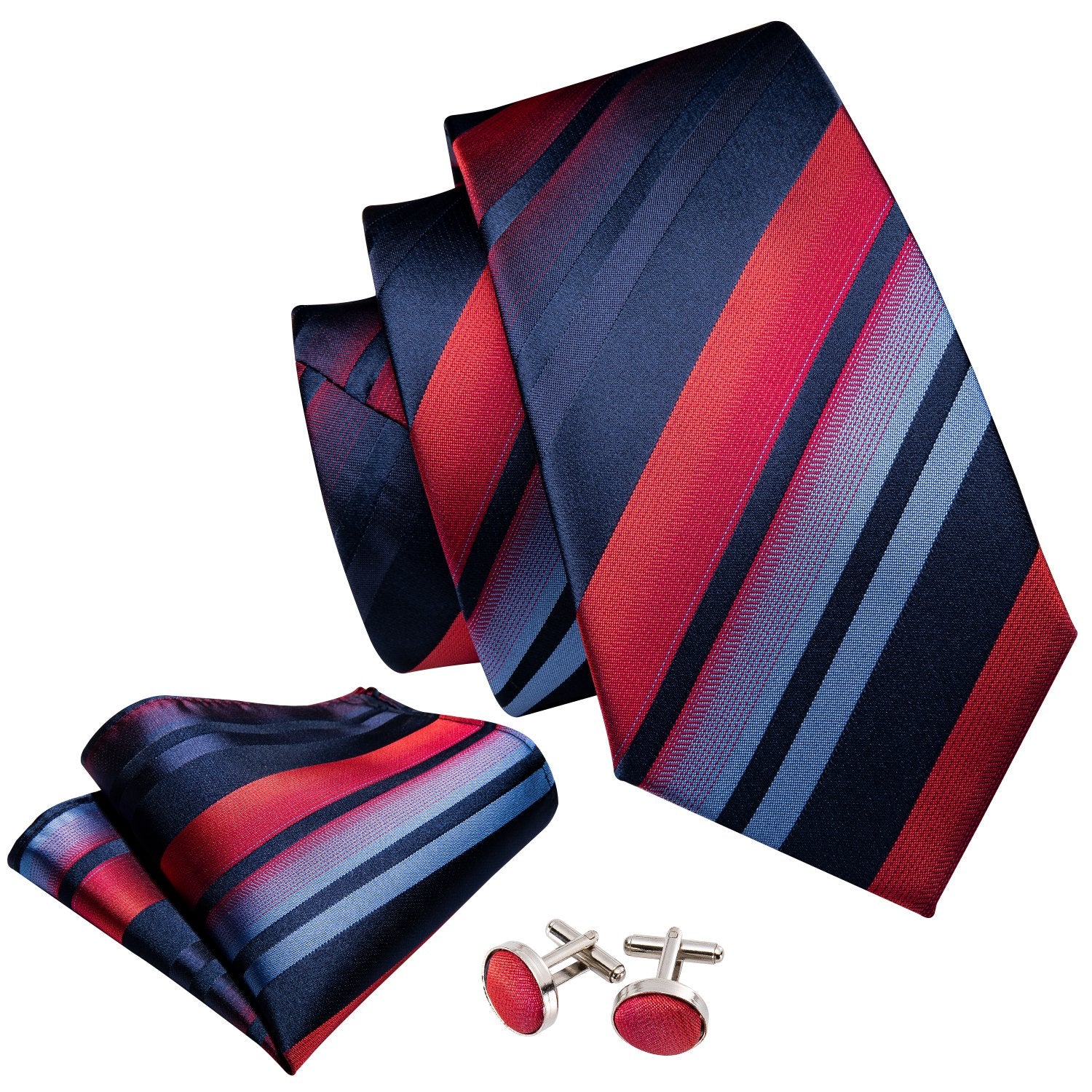 Blue Red Gradient Stripe Necktie Alloy Lapel Pin Brooch Pocket Square Cufflinks Gift Box Set