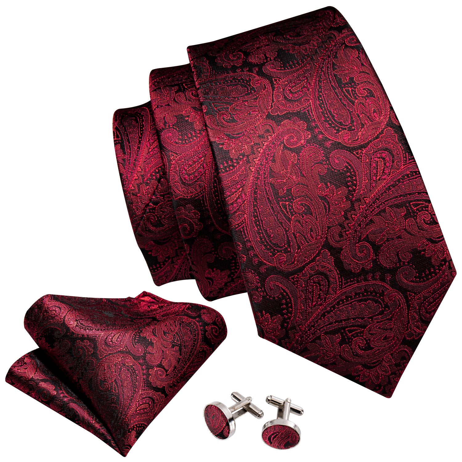 Luxury Black Red Paisley Tie Hanky Cufflinks Set