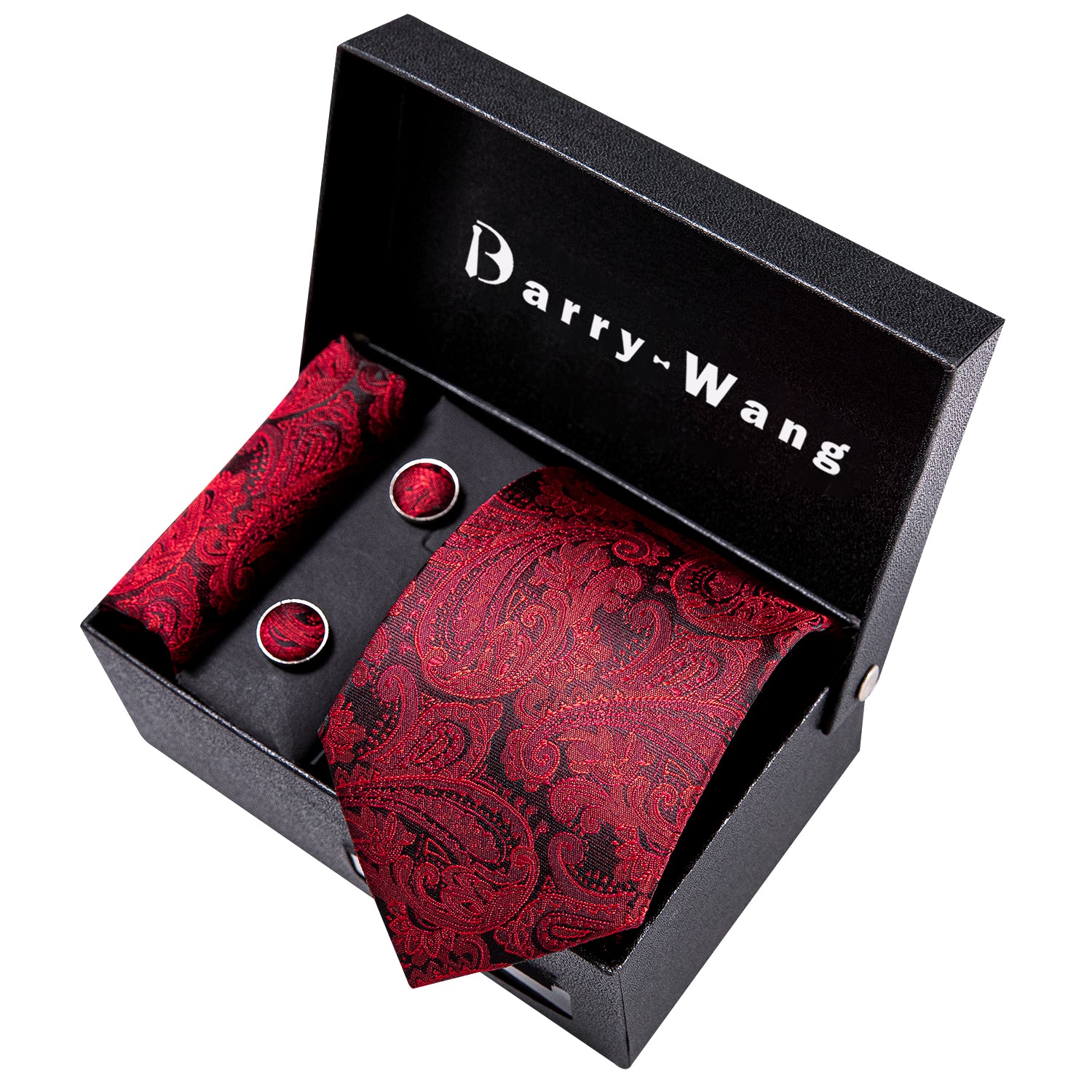 Luxury Black Red Paisley Necktie Alloy Lapel Pin Brooch Pocket Square Cufflinks Gift Box Set