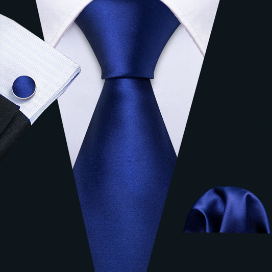 Barry. Wang Royal Blue Tie Set Solid Stain Necktie Hanky Cufflinks Set for Men Wedding Business