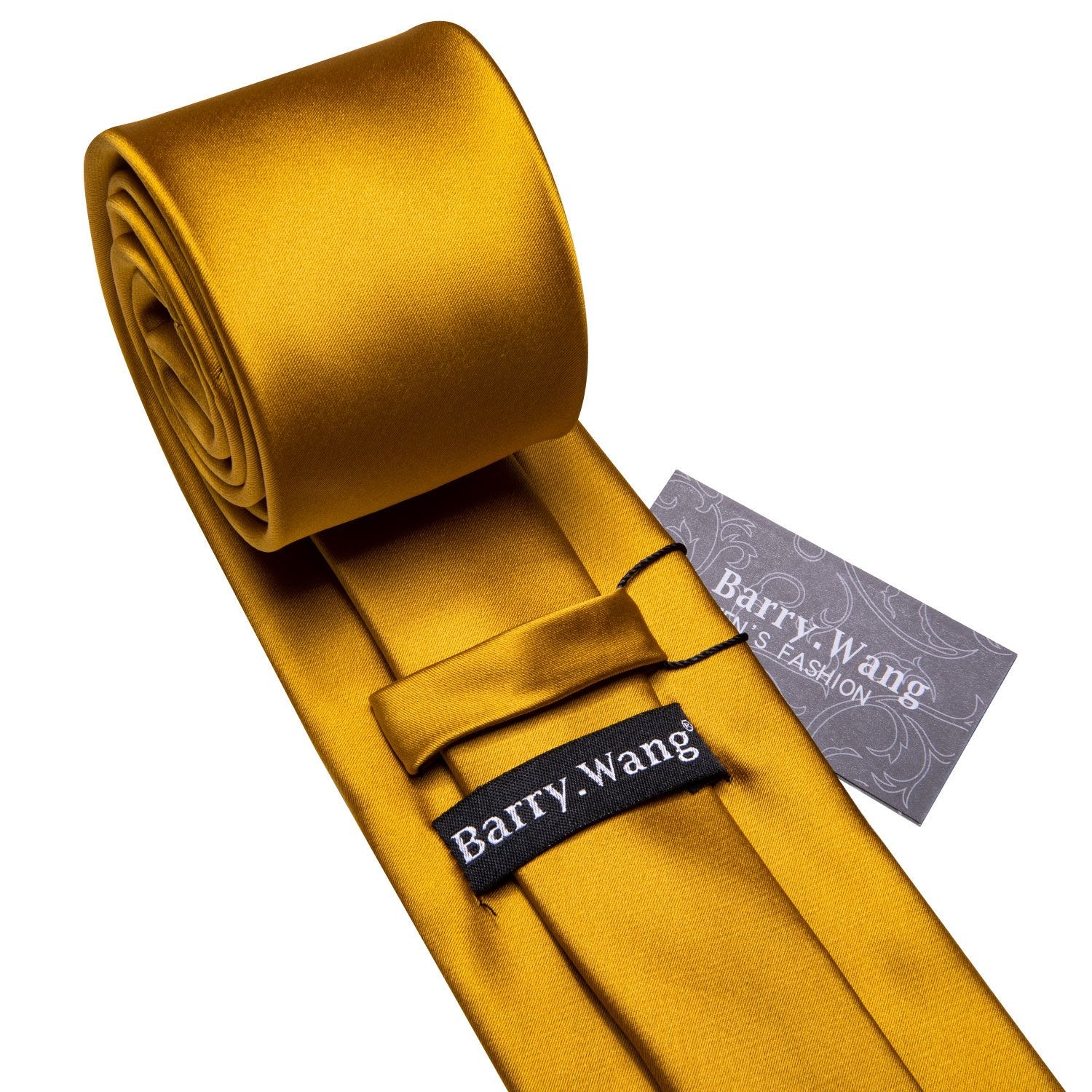 Barry.wang Golden Tie Solid Silk Tie Pocket Square Cufflinks Set with Brooches