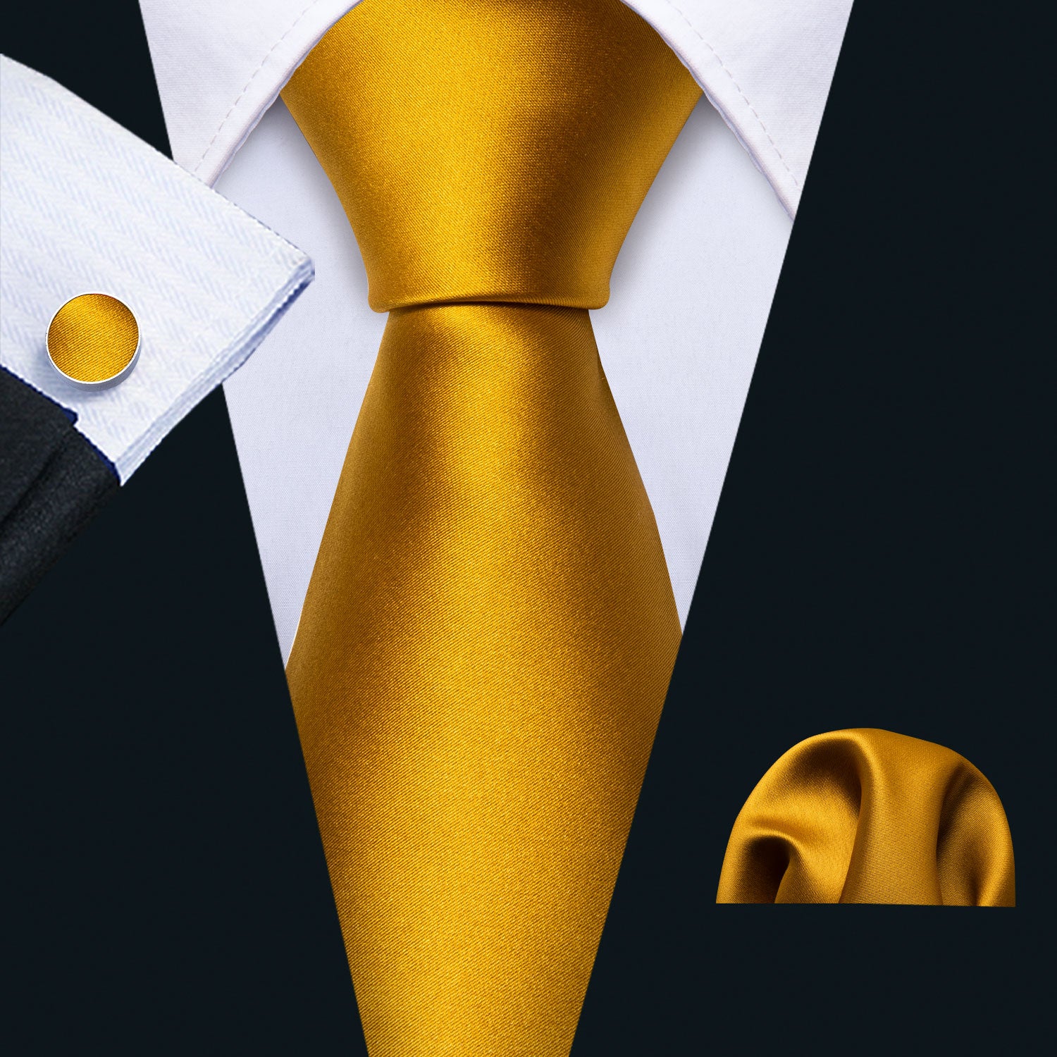 Gold Solid Tie Hanky Cufflinks Set