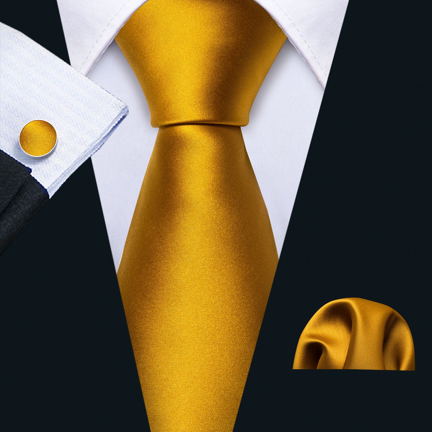 Men's Gold Necktie Solid Wedding Tie Hanky Cufflinks Set