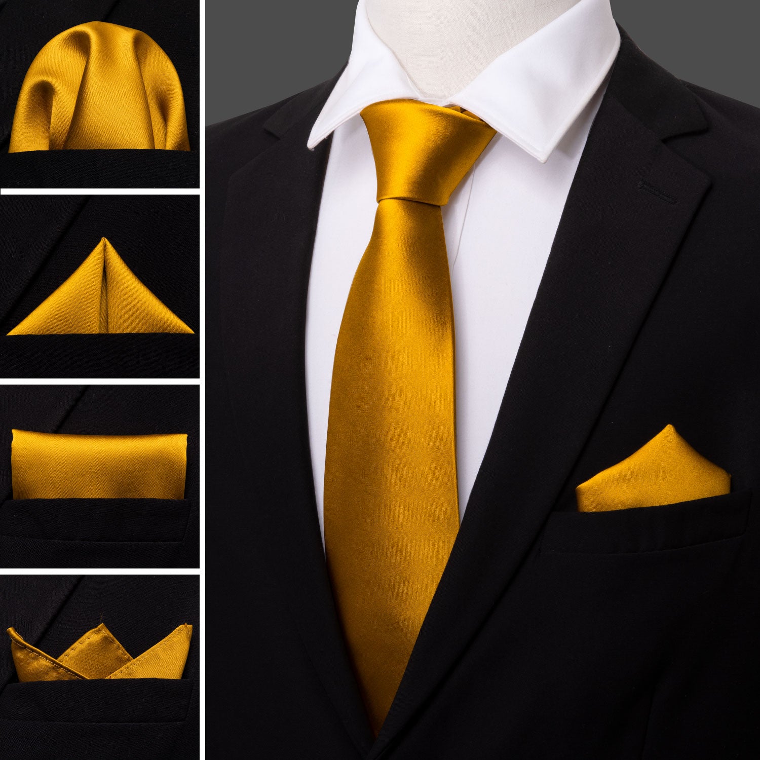 Men's Gold Necktie Solid Wedding Tie Hanky Cufflinks Set