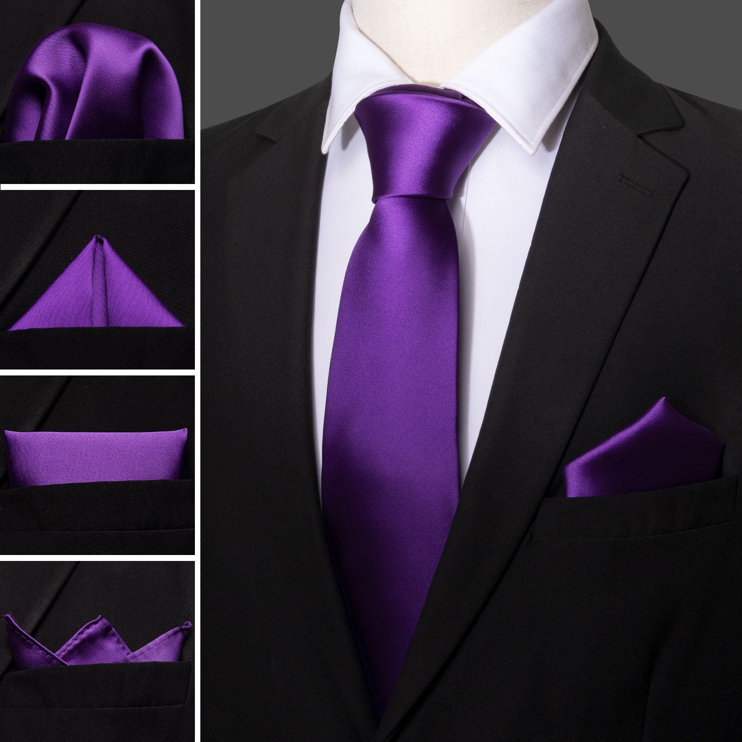 Barry.wang Solid Tie Deep Purple Tie Handkerchief Cufflinks Set
