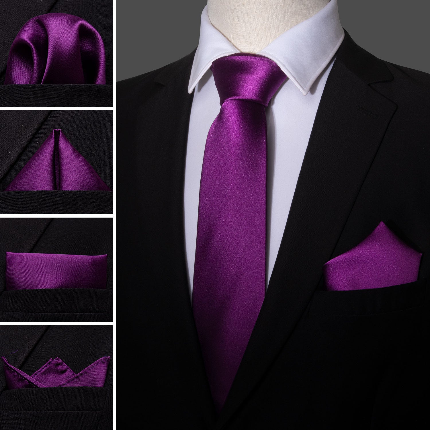 Barry.wang Purple Tie Pure Solid Necktie Handkerchief Cufflinks Set for Men