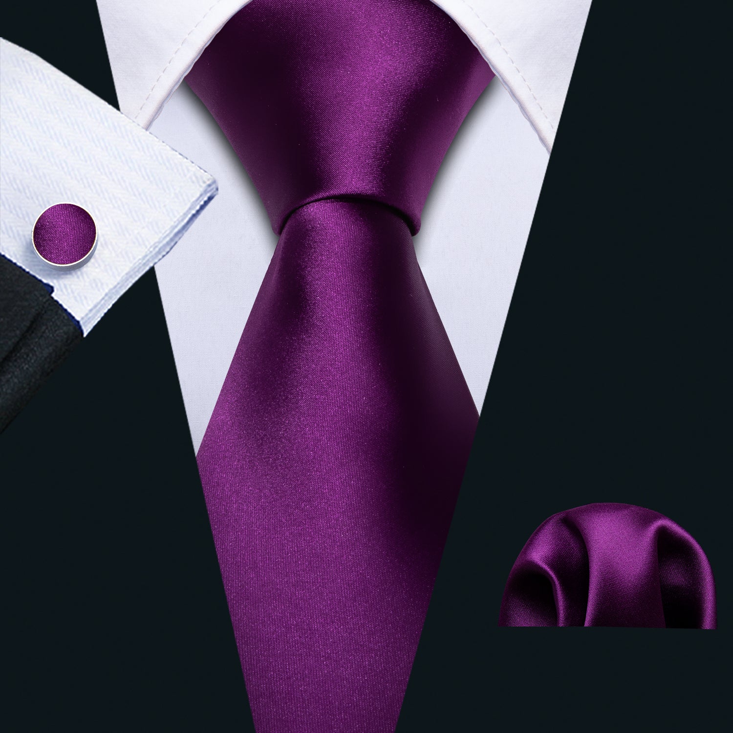 Barry Wang Dark Purple Solid Tie Hanky Cufflinks Set