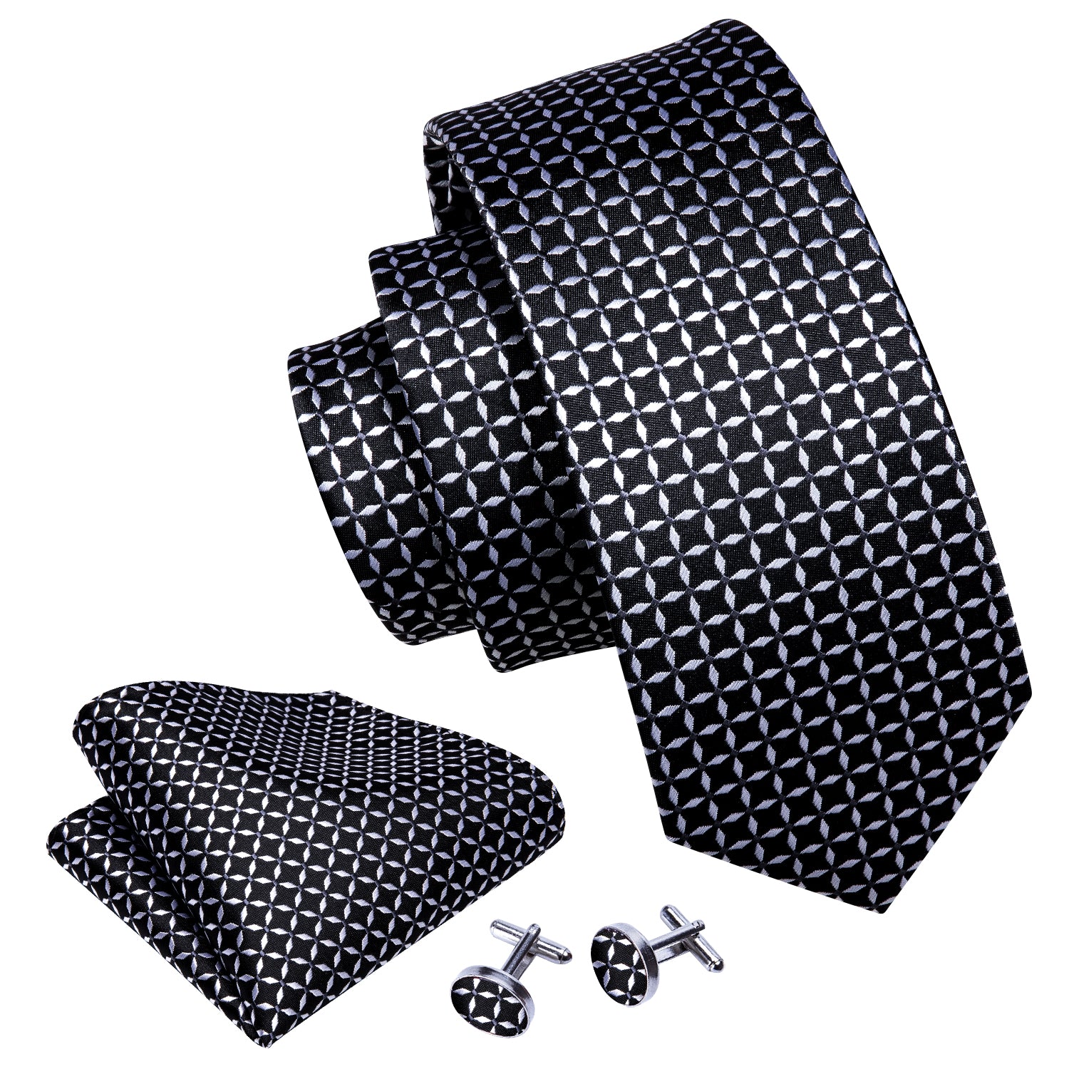 Black White Plaid Silk Tie Pocket Square Cufflinks Set