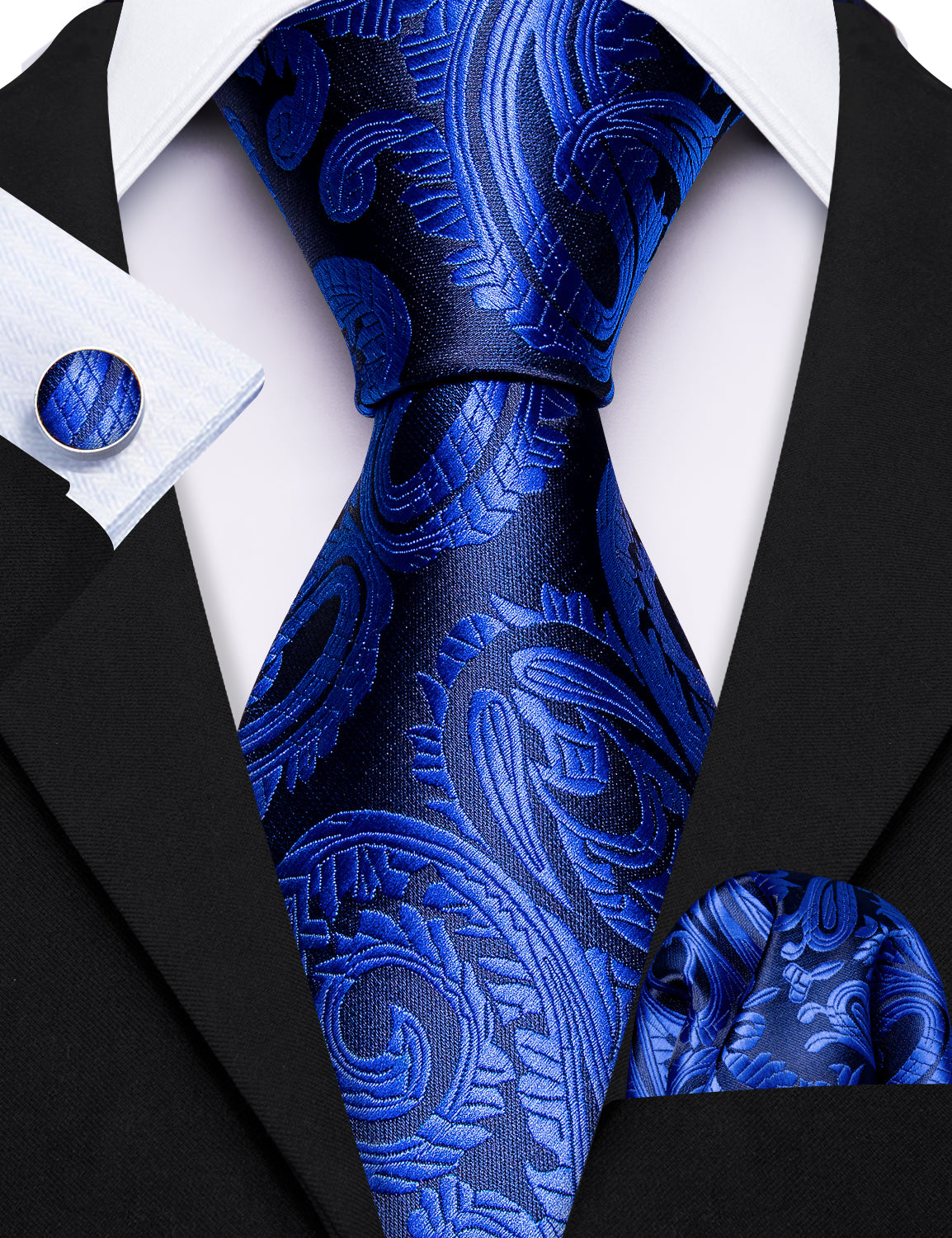 Barry. Wang Blue Paisley Necktie Men's Silk Tie Pocket Square Cufflink