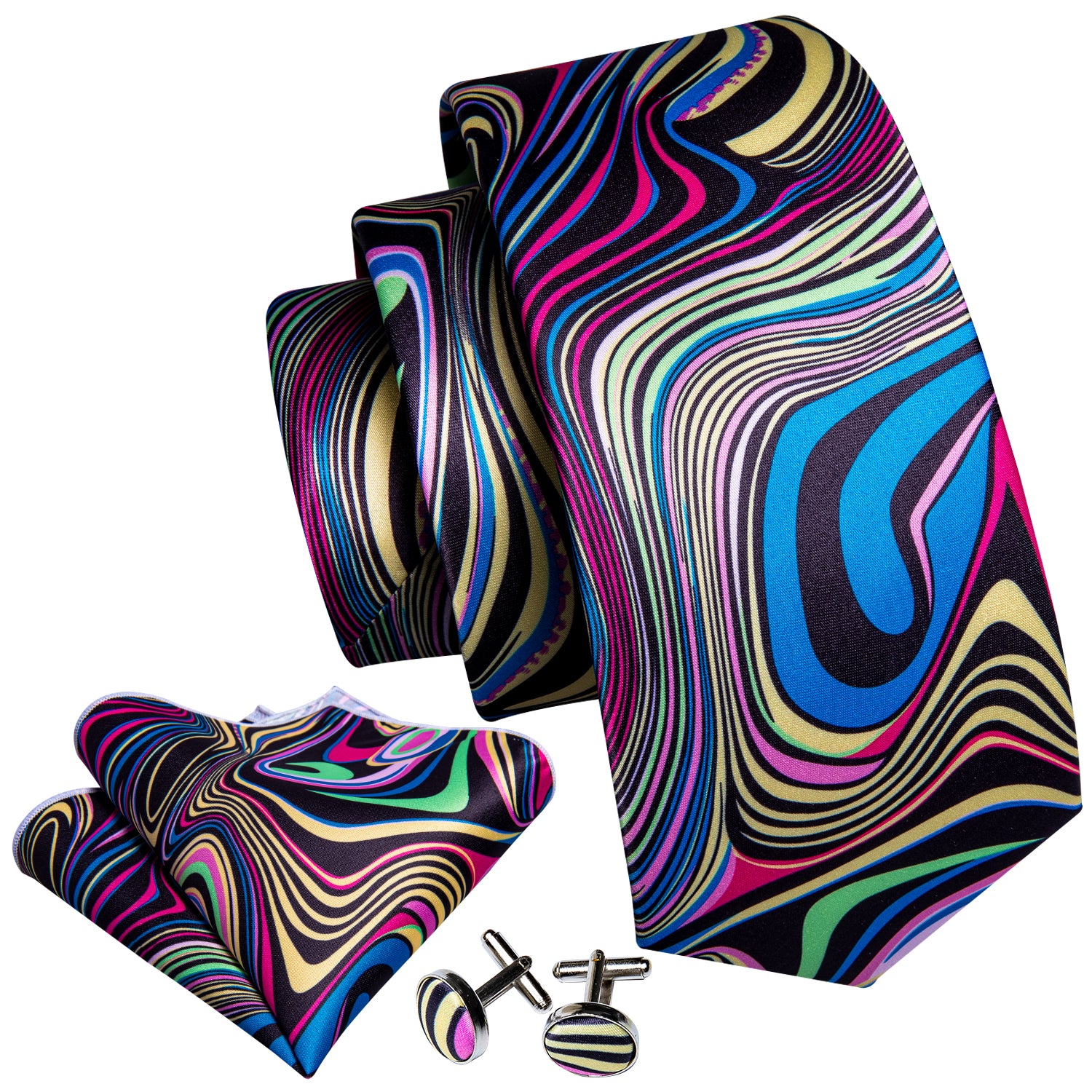 Multicolor Novelty Print Silk Tie Hanky Cufflinks Set
