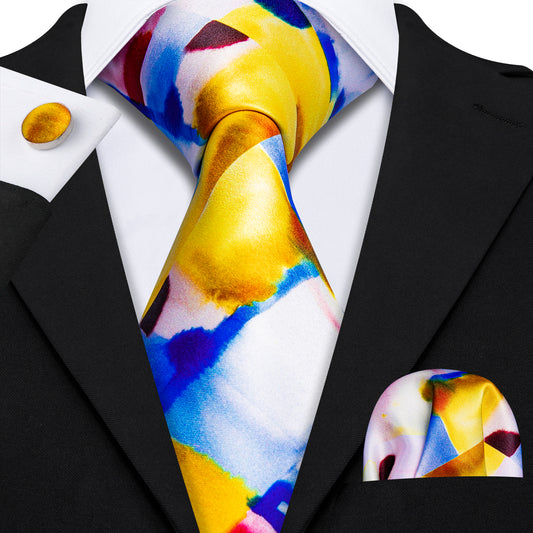 Barry. Wang Yellow Blue Novelty Print Silk Tie Hanky Cufflinks Set