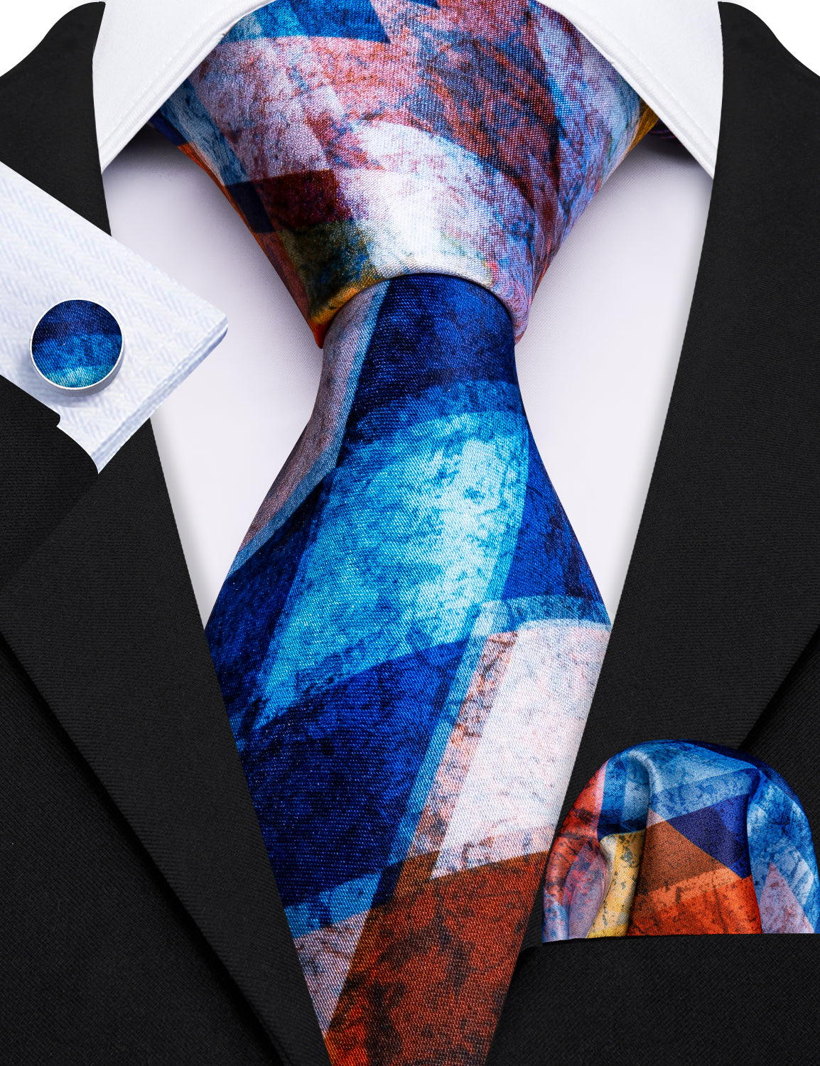 Blue Brown Novelty Print Silk Tie Hanky Cufflinks Set