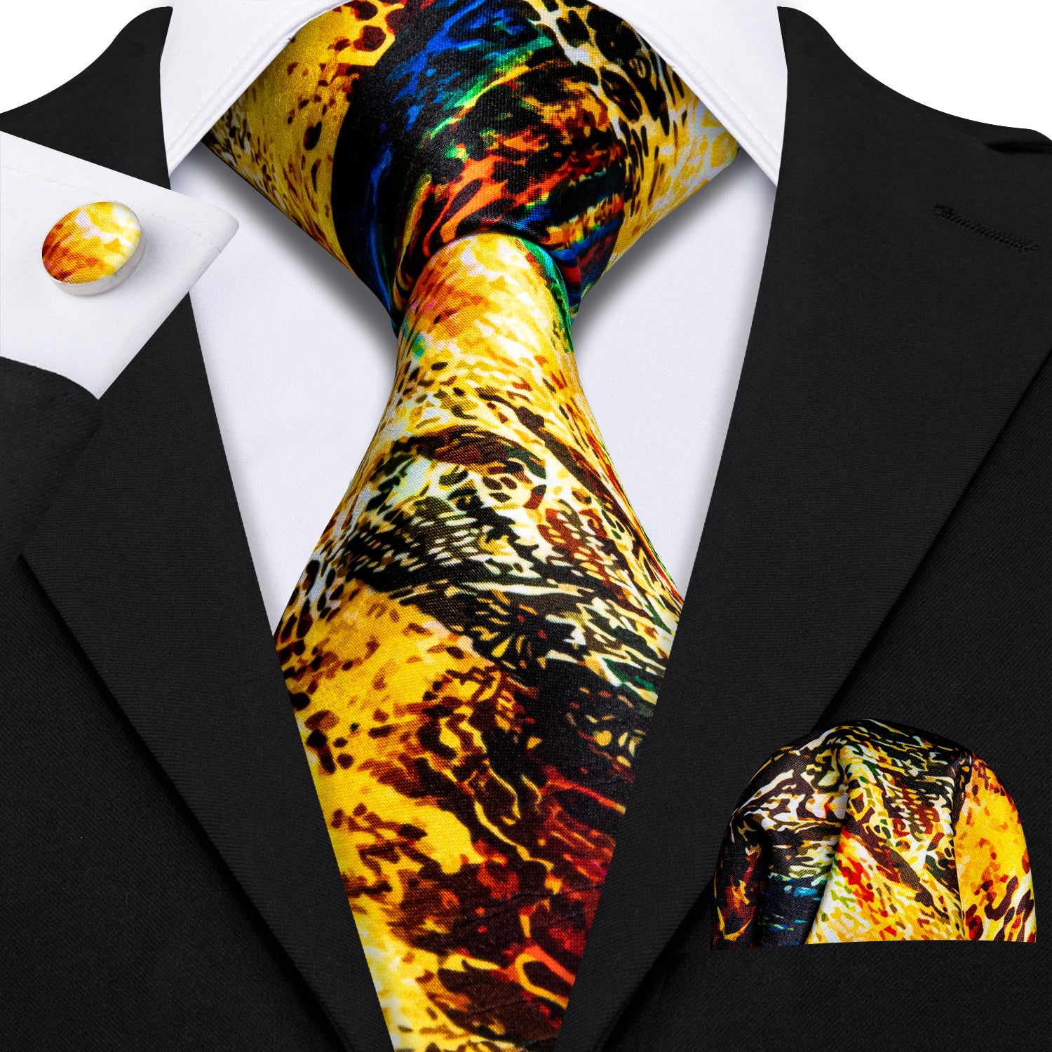 Golden Black Novelty Print Silk Tie Hanky Cufflinks Set