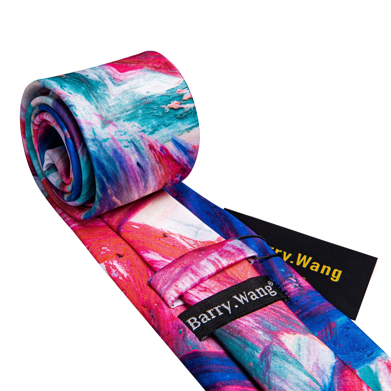 Barry Wang Red Yellow Teal Novelty Print Silk Tie Hanky Cufflinks Set