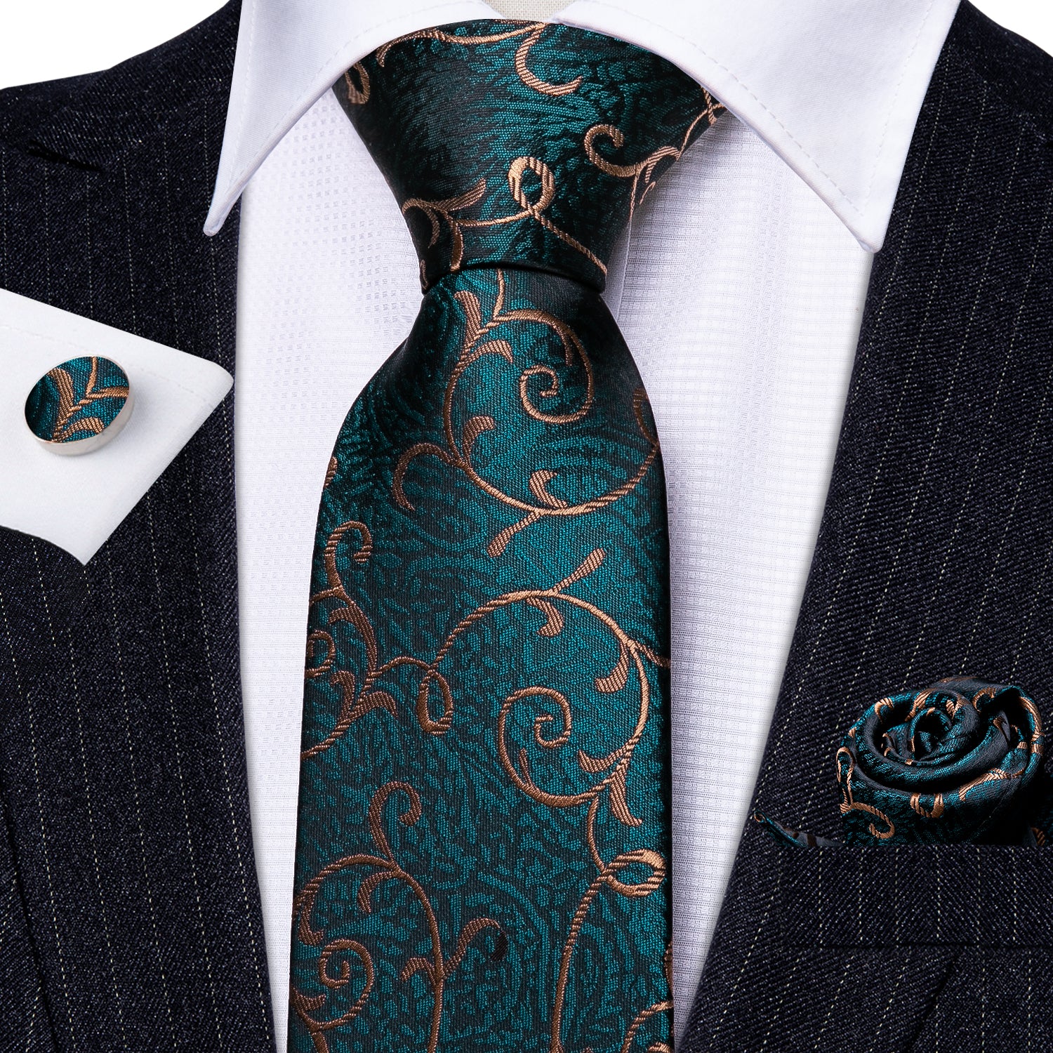 Barry Wang Green Tie Gold Paisley Silk Tie Hanky Cufflinks Tie Clip Set 4PC for Men